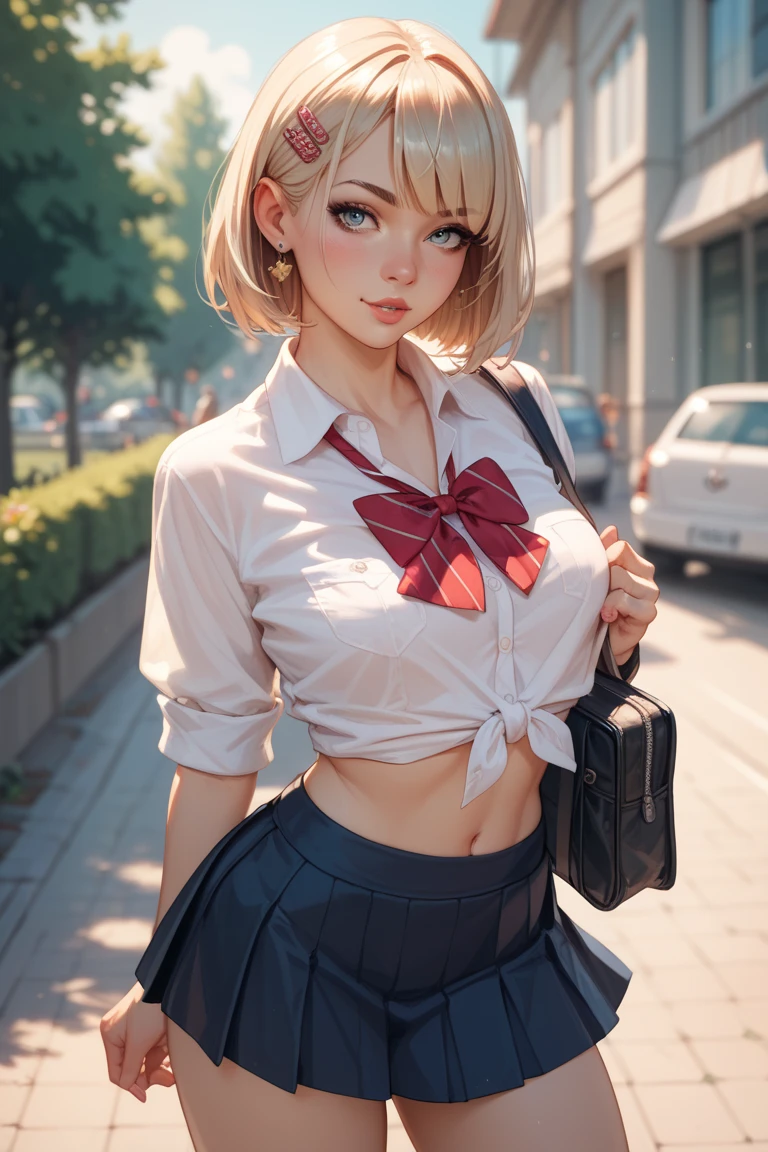 ultra-detailed:1.8、absurderes:1.8, ((From the thigh up:1.5,)), ((school uniform、skirt lift:1.5, showing :1.4, short hair))、(1woman), ultra-detailed eyes、Unity 8K Wallpaper, Masterpiece, detailed hair, highly detailed, (blond hair, embroidery pantiesidewalk), (embarrassed、blush:1.3)、 ,(slut:1.2),