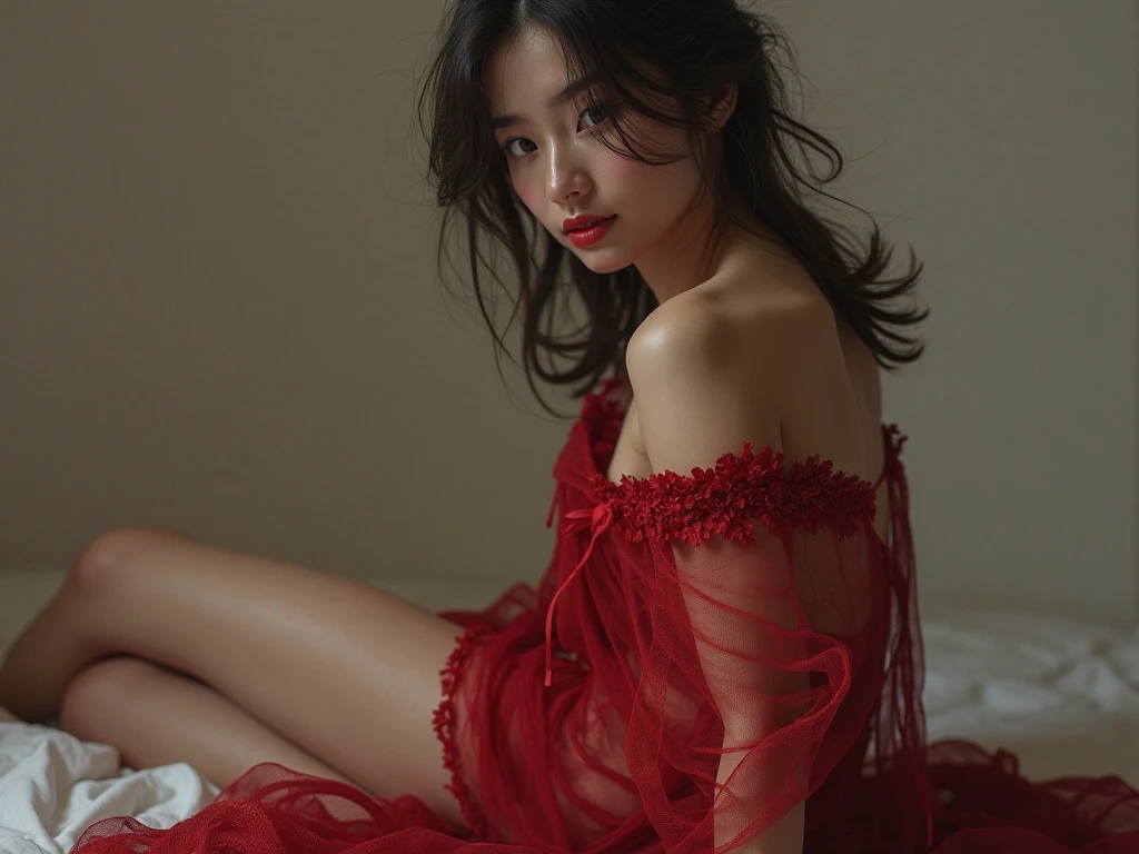 Close-up, (neon, night view, Dutch angle, from above, strapless: 1.3), masterpiece, top quality, raw photo, photorealistic, off-shoulder, red lace dress, red choker, reddish-purple eyes, up, upper body, cleavage, face light, shiny skin, film grain, chromatic aberration, absurdity, high resolution, ultra detail, detail, detailed eyes and face, sharp pupils, realistic pupils, sharp focus, sexy inviting poses, crotch opening, full body, posing to take pictures, sweating, skin wet, shy, red cheeks, embarrassed, whole body wet, lying down