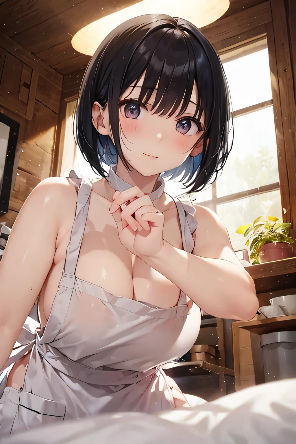 One Girl,18-year-old,Perfect hands, Perfect Anatomy, masterpiece, highest quality,Realistic, hyperRealistic, 16K HDR,, morning, short hair, Black Hair, blue eyes, glteethes, (Naked Nike Apron:1.2),,Pub, From below,Are standing,(Sweat:1.3),(blush,smile),Big Breasts,Upper Body,From behind,teeth,(Leaning forward:1.2)