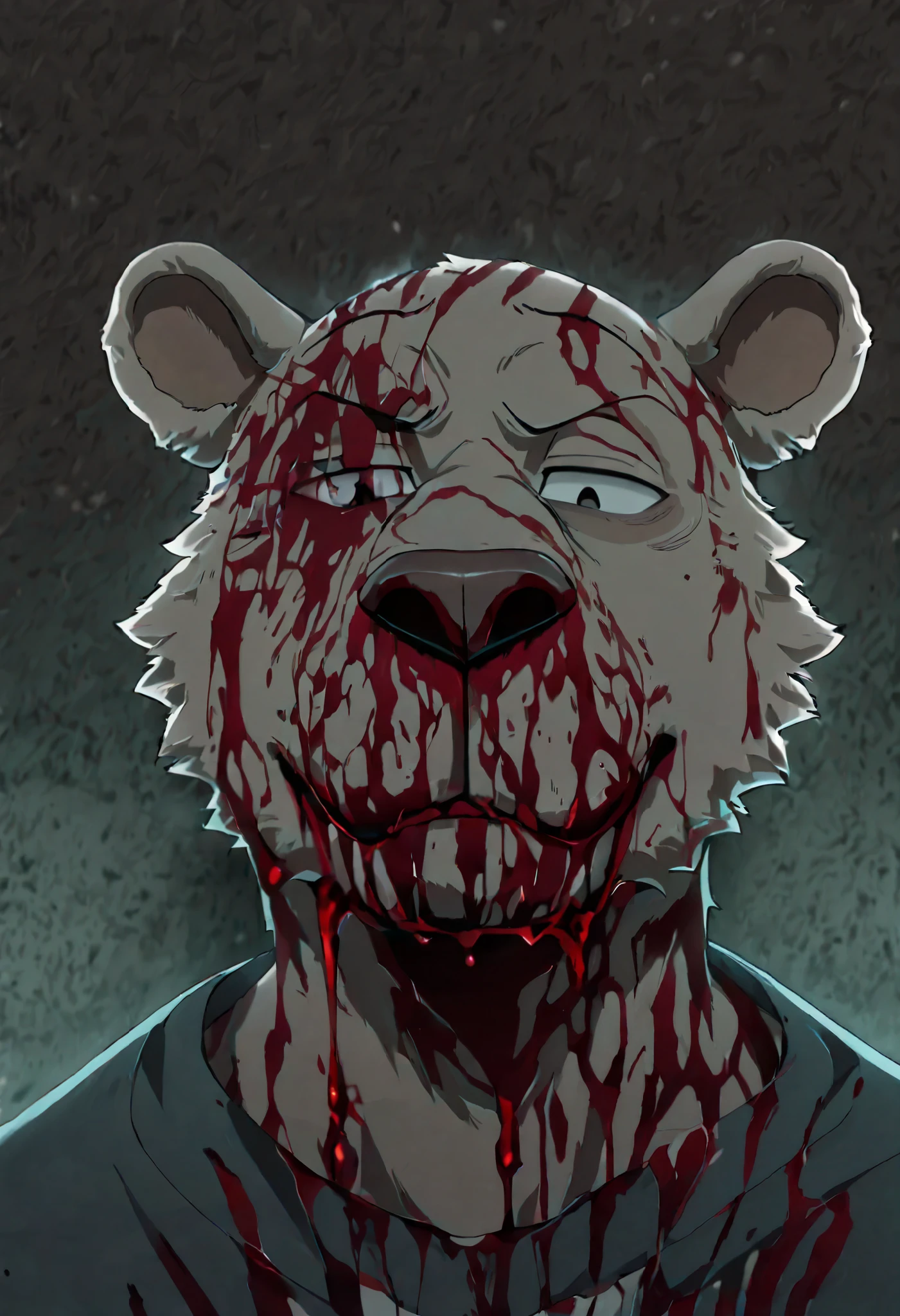 Photograph: towering Riz Bear; relaxed/fierce; (fine featured random expression); tan fur; ((skeptical Kodiak Bear)); (Blood covered Bear); splattered; (massive burly stature); blackened midnight background; high-resolution; close-up dynamic angle front view; looking down at viewer; emotional exaggeration; seductive Bear; ("Riz": Beastars); dripping bloody;