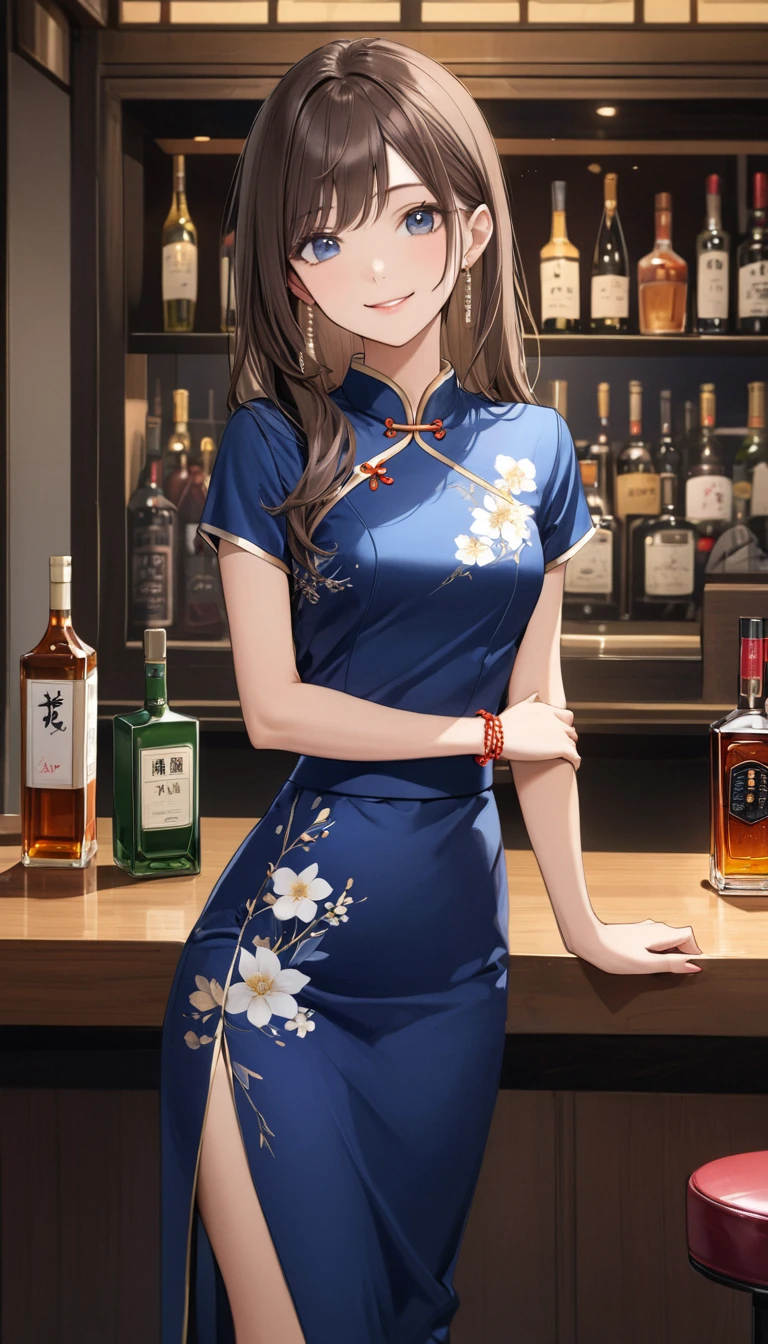 (masterpiece:1.3, top-quality, ultra high res, ultra detailed), (realistic, photorealistic:1.4), beautiful illustration, perfect lighting, natural lighting, colorful, depth of fields, surrealism, 
looking at viewer, 1 girl, 16 years old, 7 headed body, perfect face, (perfect ), cute and symmetrical face, baby face, shiny skin, (Ideal ratio body proportions), 
(middle hair:1.5, side ponytail:1.2, light brown hair), hair between eyes, dark blue eyes, long eye lasher, (:1.2,  thighs), slender, small , skinny legs, 
beautiful hair, beautiful face, beautiful detailed eyes, beautiful clavicle, beautiful body, beautiful , beautiful thigh, beautiful legs, beautiful fingers, 
((sleeveless blue mini cheongsam)), blue high heels, 
(beautiful scenery), evening, (bar counter), (smile:1.5, happiness), 