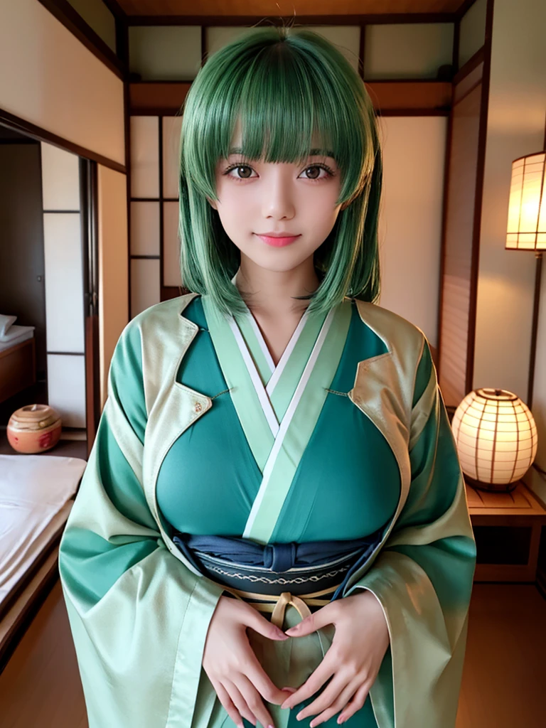 (Photorealsitic: 1.3, best qualtiy, 8K,Wetty:1.3 ), ( 20yr old, Japan gravure idol、 Cherry blossom pattern yukata, Sweat: 1.2,green colored hair、Twin-tailed、Colossal tits"1.4、cleavage of the breast), Fine skin, (Film Lighting), Soft light, Double eyelids, ((独奏、A sexy、function:1.4、Wetty:1.1、Looking at the camera、a bed、a smile、Angle from above))、(NSFW)