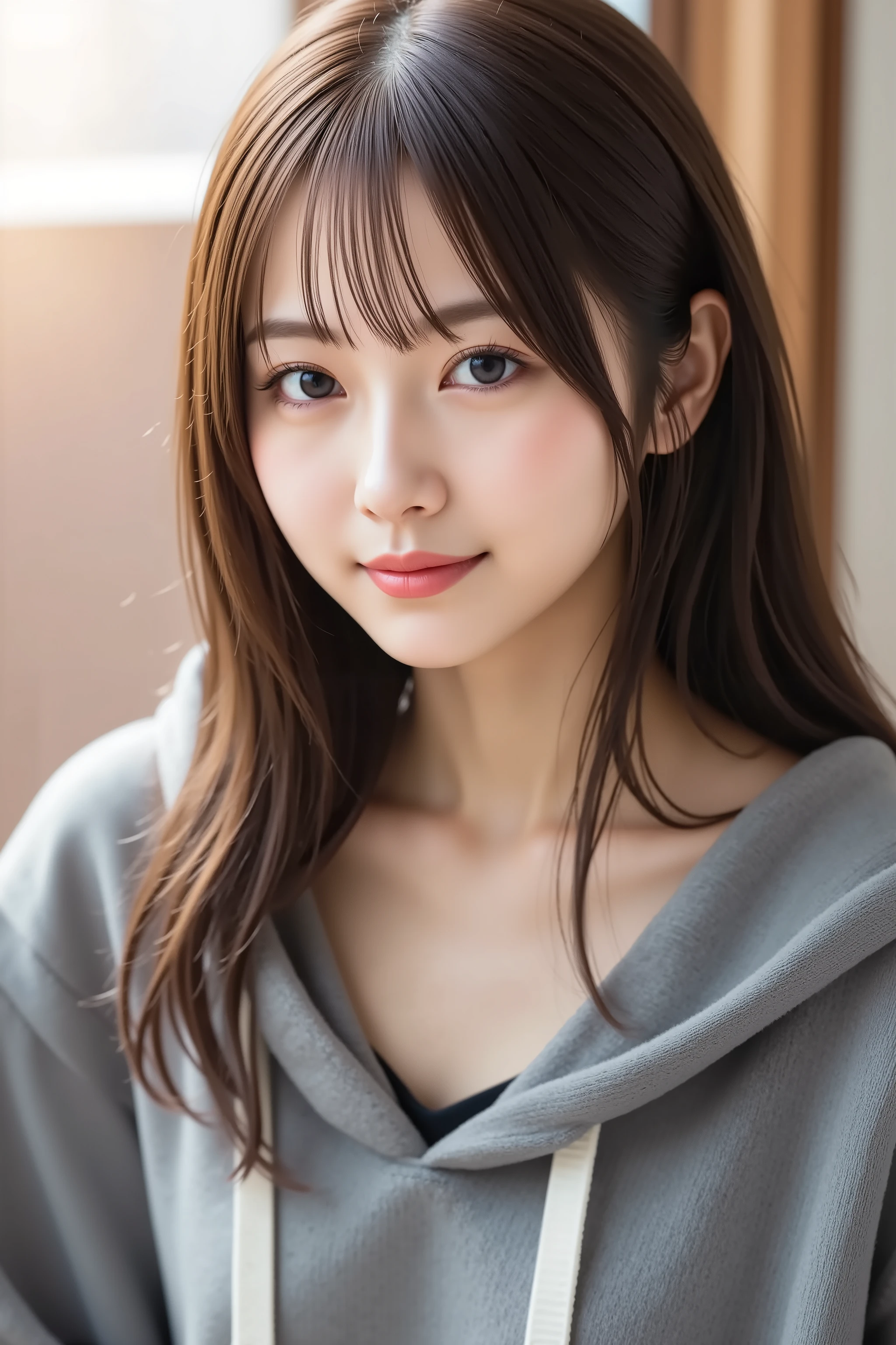The face is positioned exactly in the center of the image , , the entire head is fully reflected , Face clearly visible、hoodie, Women's Room Background , long hair、bungs, smile, young and cute japanese face , Official Art, high image quality CG Unity 8k wallpaper,Ultra high image quality , is very well detailed, high image quality , film grain , lens flare glow , top quality ,8k, The entire head is fully reflected as a portrait shot ,8k, viewer , masterpiece,top quality ,is very well detailed, it's cute ,sexy,is very well detailedな,detailware features ,beautiful, illustration , beautiful Japanese woman, ladies 1 , Tight Chest