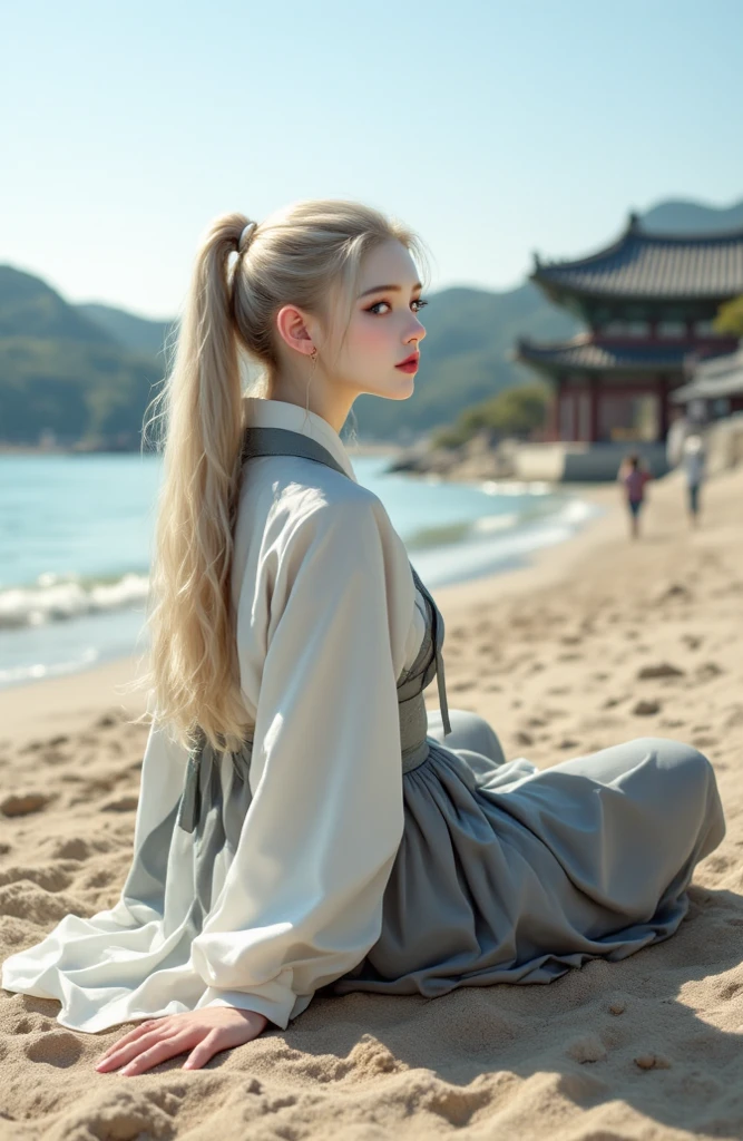 ((realistic on the hand, top quality, highest resolution)),((accurate anatomy, accurate body, Very detailed, full body)), ((1 beautiful girl)), ((pear-shaped body at the beach, Platinum blonde hair, ponytail, Long hair , silver eyes, pale skin, clean skin)), (( Korea, Hanbok, 화려한 Hanbok, korea , Oriental beauty)), ((I'm taking a picture with Gyeongbokgung Palace in the background, Bright atmosphere)), ((There are a few places sitting on the floor))