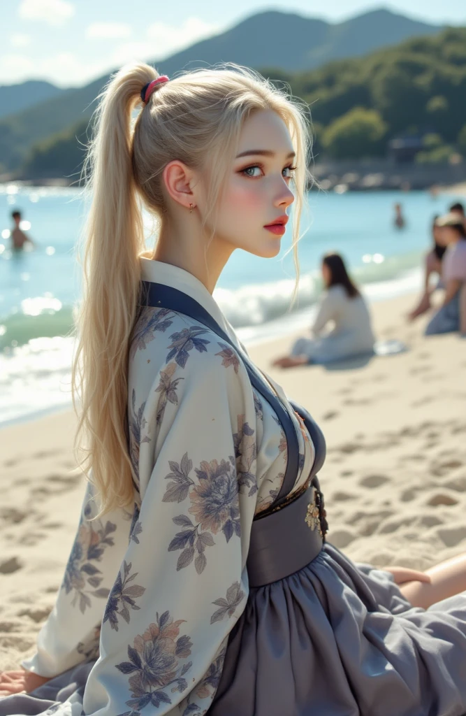((realistic on the hand, top quality, highest resolution)),((accurate anatomy, accurate body, Very detailed, full body)), ((1 beautiful girl)), ((pear-shaped body at the beach, Platinum blonde hair, ponytail, Long hair , silver eyes, pale skin, clean skin)), (( Korea, Hanbok, 화려한 Hanbok, korea , Oriental beauty)), ((I'm taking a picture with Gyeongbokgung Palace in the background, Bright atmosphere)), ((There are a few places sitting on the floor))