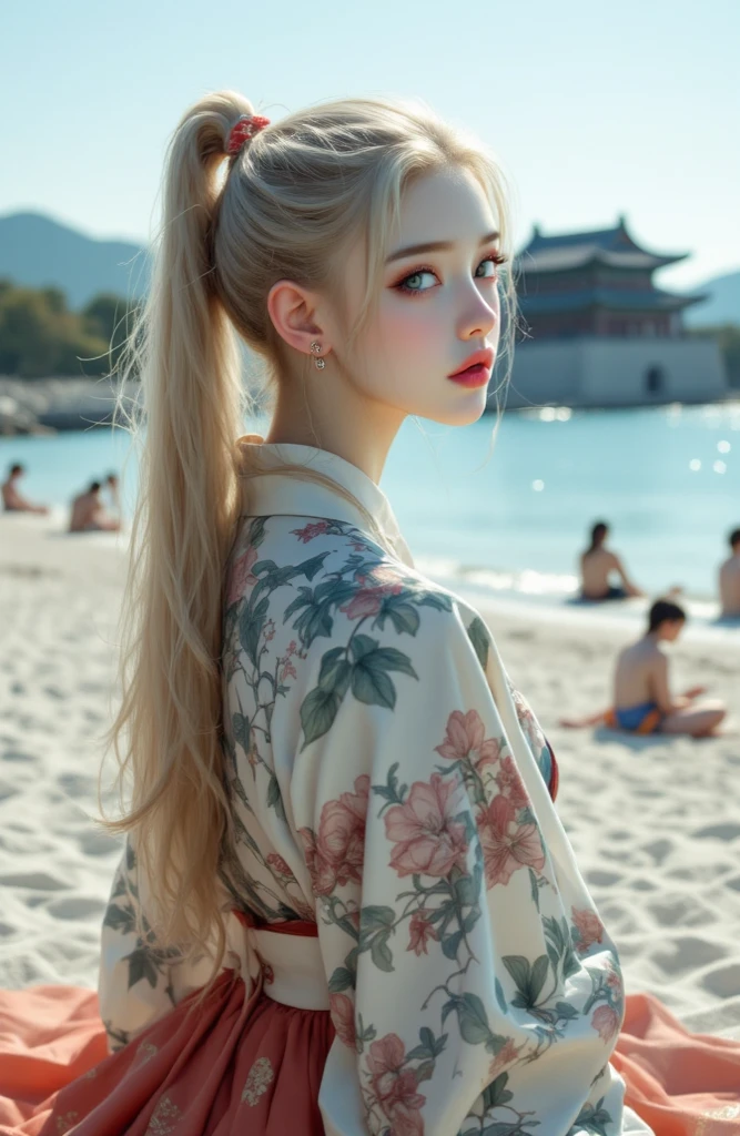 ((realistic on the hand, top quality, highest resolution)),((accurate anatomy, accurate body, Very detailed, full body)), ((1 beautiful girl)), ((pear-shaped body at the beach, Platinum blonde hair, ponytail, Long hair , silver eyes, pale skin, clean skin)), (( Korea, Hanbok, 화려한 Hanbok, korea , Oriental beauty)), ((I'm taking a picture with Gyeongbokgung Palace in the background, Bright atmosphere)), ((There are a few places sitting on the floor))