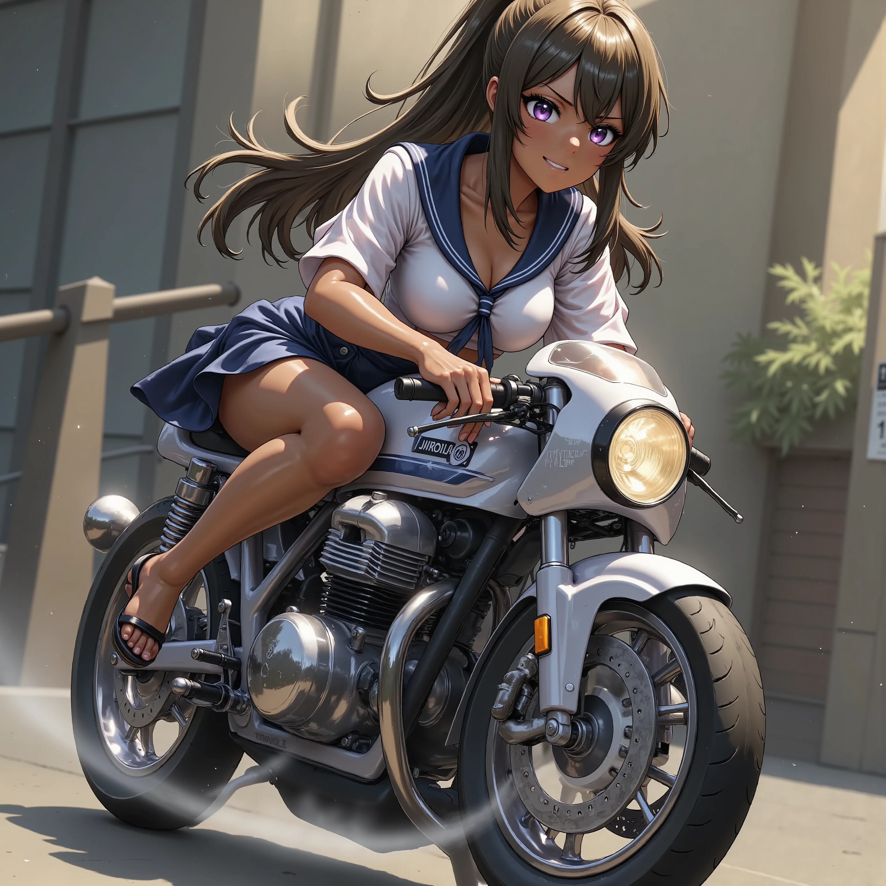   Rides Motorbike  　+  cafe racer tuned motorcycle　+ textured brown skin + sailor suit +small breasts　+  high heels　+  rocket cowl  　、 top quality,  
