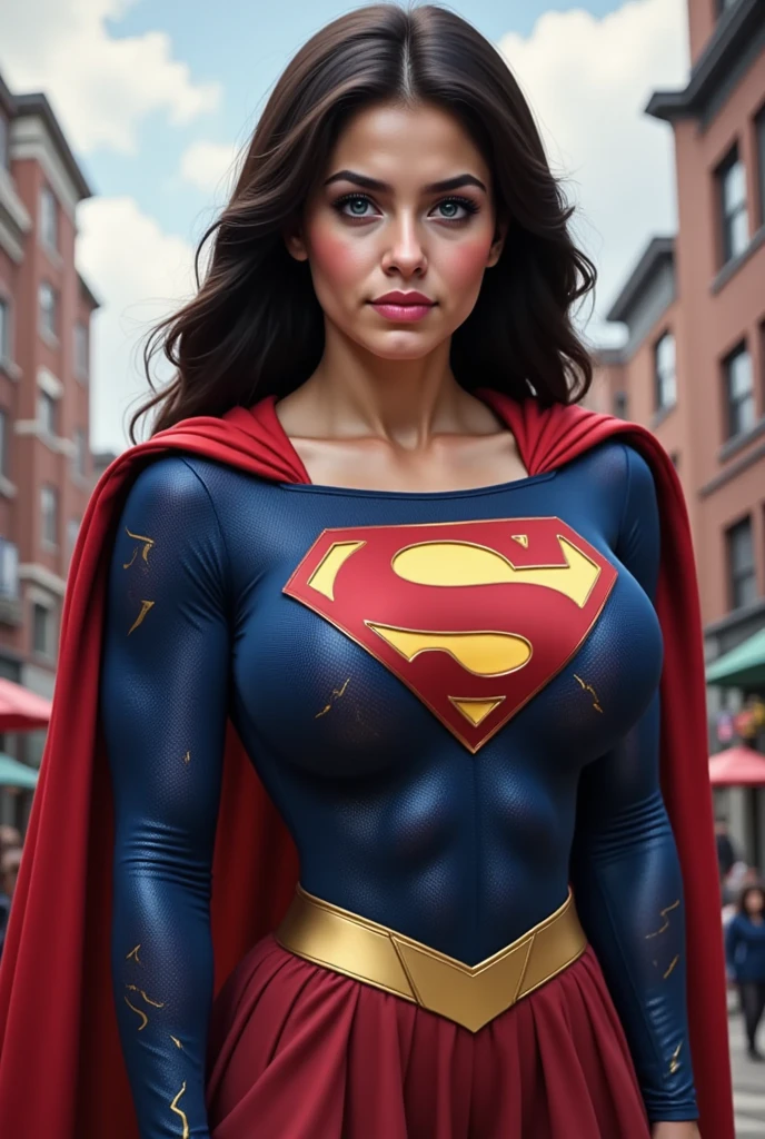 A SEXY TEEN FEMALE WITH GREY EYES AND LONG MESSY HAIR WEARING A CLASSIC BLUE SUPERMAN COSTUME AND RED SUPERMAN CAPE. large breasts, incredibly detailed skin and eyes, seductive poses, 8K resolution, masterpiece, ultra-detailed, realistic, photo-realistic, vivid colors, dramatic lighting, cinematic composition