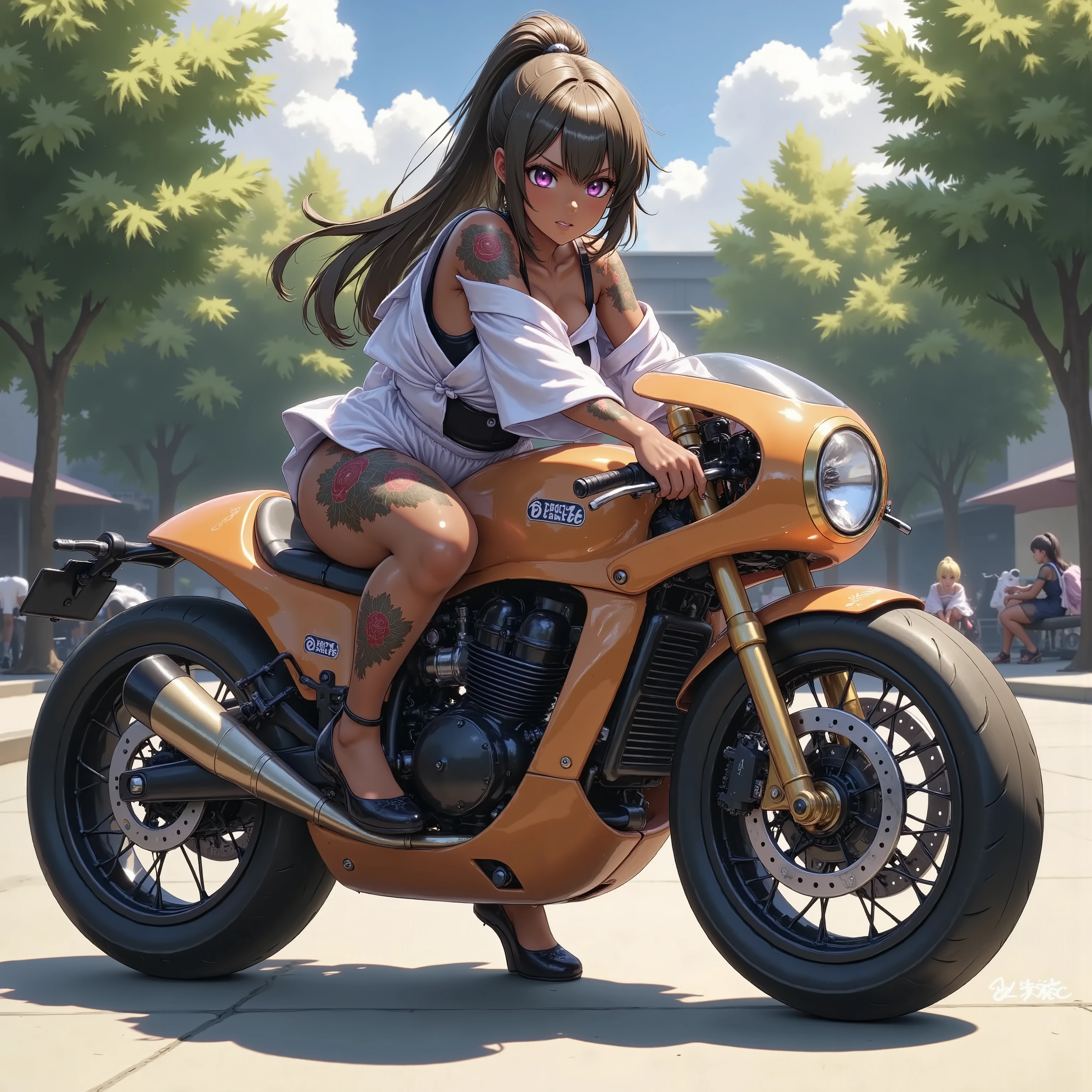 Rides Motorbike + cafe racer tuned motorcycle + textured brown skin + sailor suit +small breasts + high heels + rocket cowl 、 top quality,