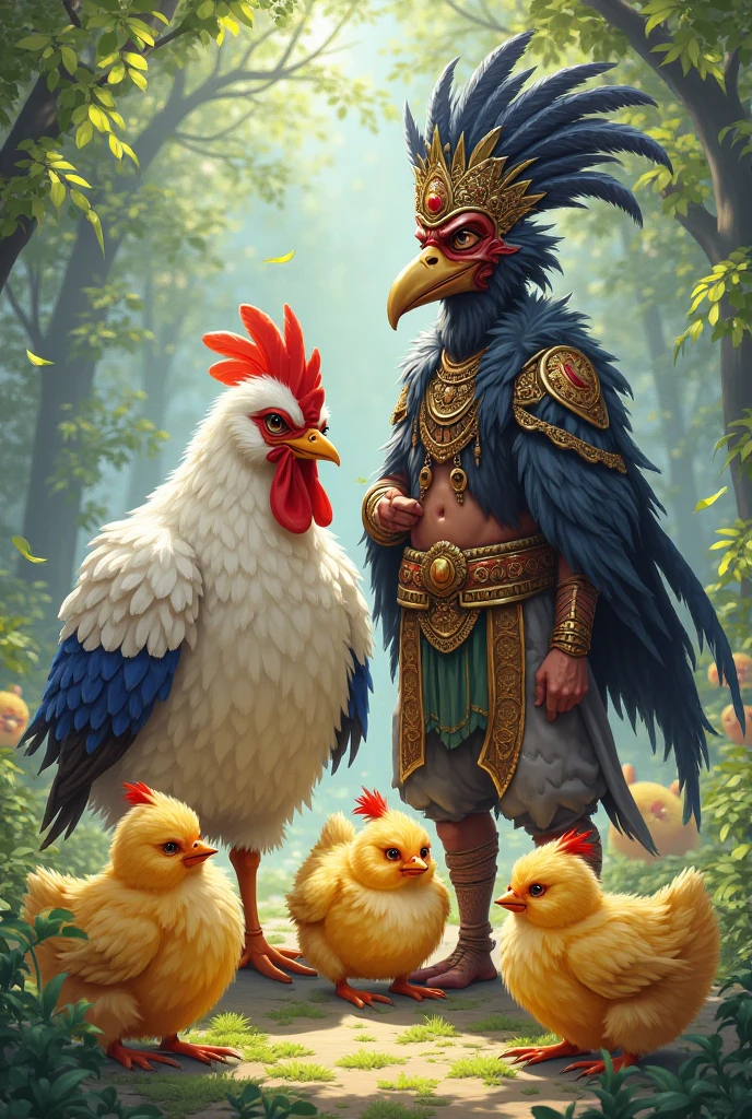 Mutant chicken crazy dressed as a Colombian drinking coffee sitting on a Rimax brand chair with Poseidon with his trident at his side drinking coffee in Colombian clothes 