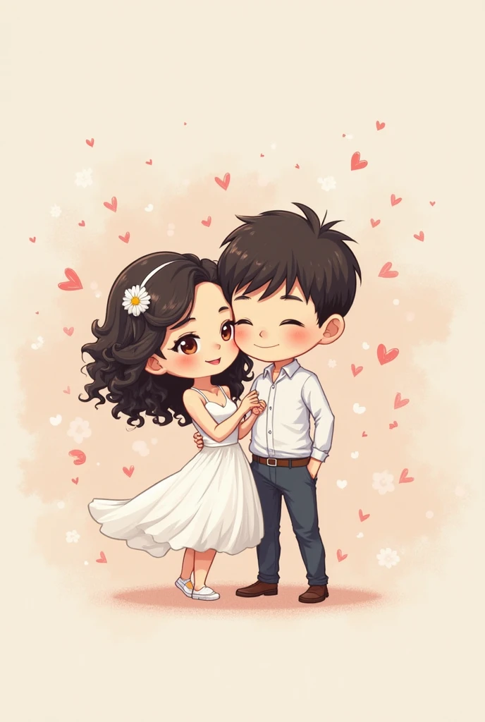 I want you to create a cartoon style bride and groom image. The groom and bride have black hair,  and the bride&#39;s hair is shoulder length, the bride is white and the groom is brown. into the image, the groom is holding the bride on his lap. The groom is a man and is taller than the bride. It also takes away the pink color from your face.. Do it with the groom holding the bride on his lap. And the groom is a little whiter and has very masculine features. 