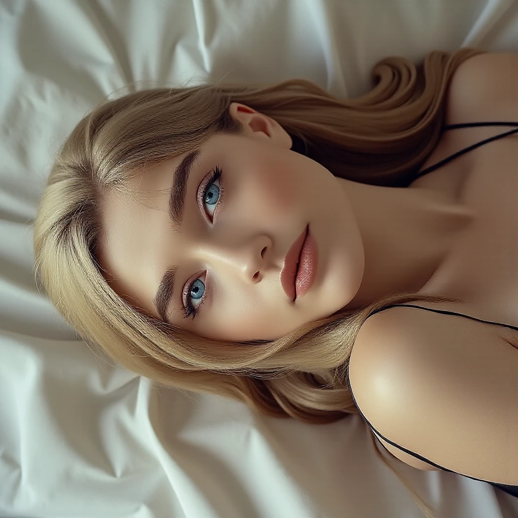 absurdres, RAW photo, highest quality, (masterpiece: 1.3), high detail RAW color photo, professional photo, extremely detailed CG 8k wallpaper unit, photo-realistic, realistic, RAW photo, masterpiece, best quality, highres,
1girl, 19 YEARS OLD, white, blonde hair, wavy, Average length, unkempt hair, ponytail, beautiful body, perfect gorgeous face, beautiful light brown realistic eyes, fair skin, detailed skin texture, very small natural breasts. Serious. Guy who just woke up. Lying on a couch with a blanket. Selfie angle. (Sleeping T-shirt, simple design). An ordinary house, small, dark.
