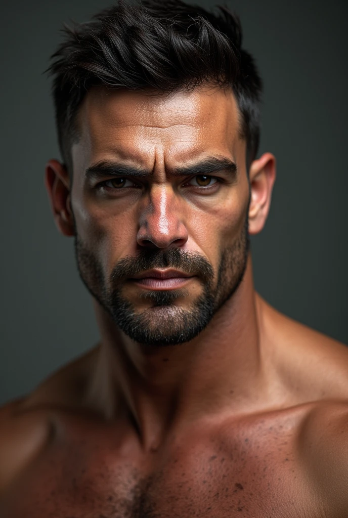 Mature male, little bearded, half-breasted, frowning,4k, high-res, masterpiece, best quality, sharp focus, (cinematic lighting), collarbone, [:(detailed face:1.2):0.2]