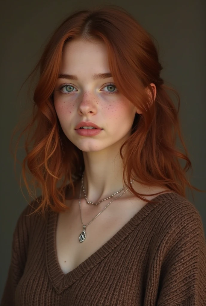 Create a picture of a pretty teenage girl, realistic portrait of a  Russian girl, solo, beautiful girl, shining green eyes, slim body, a lot of freckles on face and shoulders, light orange hair, very long and slim legs, very long hair, children's body, full body, visible belly