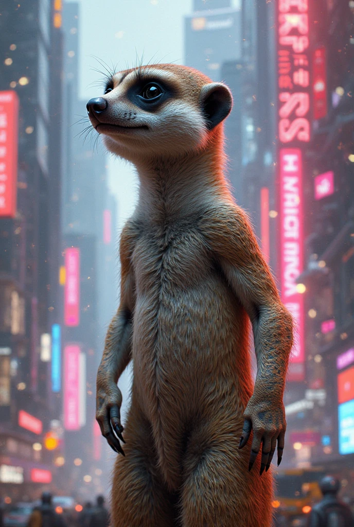 Create a meerkat animal with an athletic body marked by battles won in a futuristic city with neon and LED's
