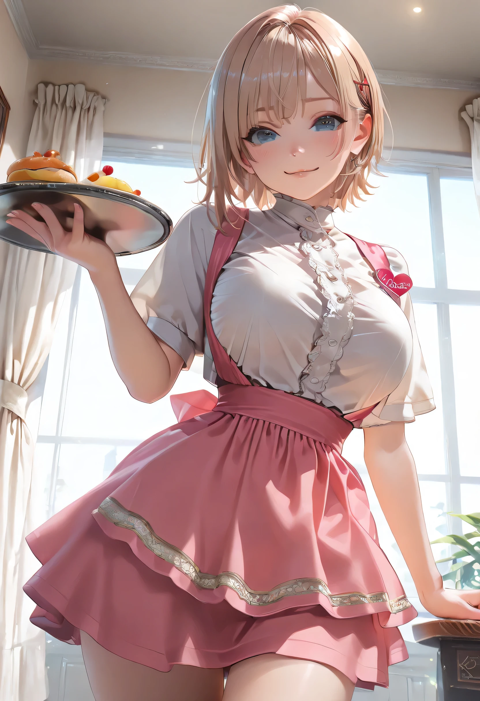 (Masterpiece, best quality , more details, 8k, 4K, hi res, ridiculous :1.3), ( Detailed Textured Lighting , detail surface lighting for viewers ), [ pastel color ] [ Calm Colors ] [ Anime Screen Cap ] [ photorealistic] A 3D character model,perfect proportions, beautiful body,large breasts,wide hips,lightblue eyes,short hair,ash blonde,(naughty look,shy face),/((Anna Miller's uniform)), pink uniform,,tray,