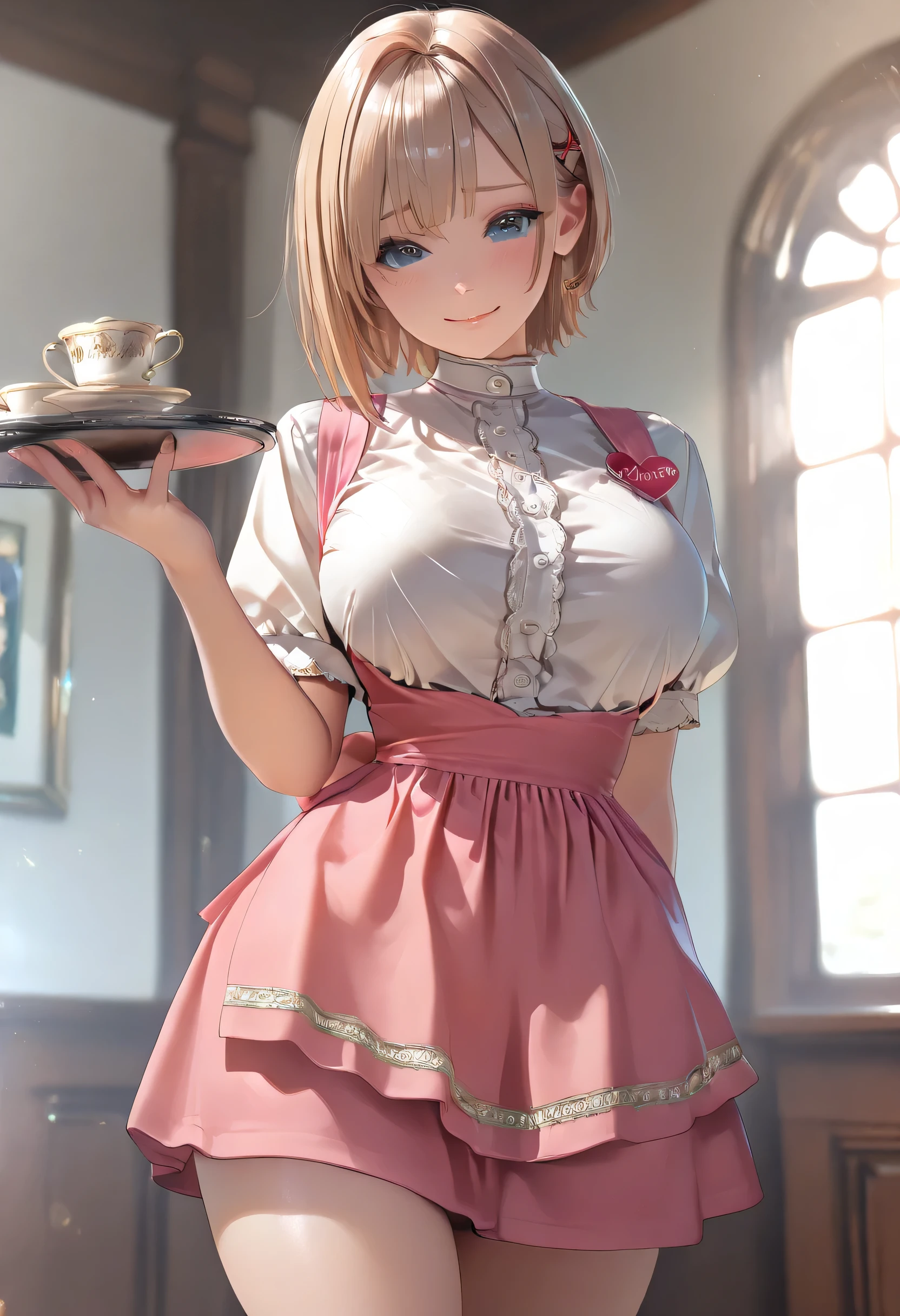 ((((masterpiece, Highest quality, High resolution)))), Extremely detailed 8K, Beautiful girl with a voluptuous body, (Ultra HD, Super detailed, Very detailed, Very realistic, Ultra-realistic, Photo Real), (One girl:1.5), (Realistic white hair), (Short Wavy Hair, hair ornaments, Earrings), (Dynamic pose), To the camera, View your viewers, (blush, Embarrassing, smile), (Purple eyes, Sharp eyes), (Firm breasts:1.2), (Beautifully detailed face, Beautiful attention to detail), ((Maid clothes, Maid Apron, Cat Ear Headband)), (detailed pussy), Sweat, shine, (Sunbeam, sunlight), coffee shop, ((Highest quality、High resolution))、Portraiture、Perfect body、Beautiful and bountiful breasts、Sexually excited expression、((throw、maid shows pussy))、Love Juice、I'm inviting you to have sex,(nsfw)