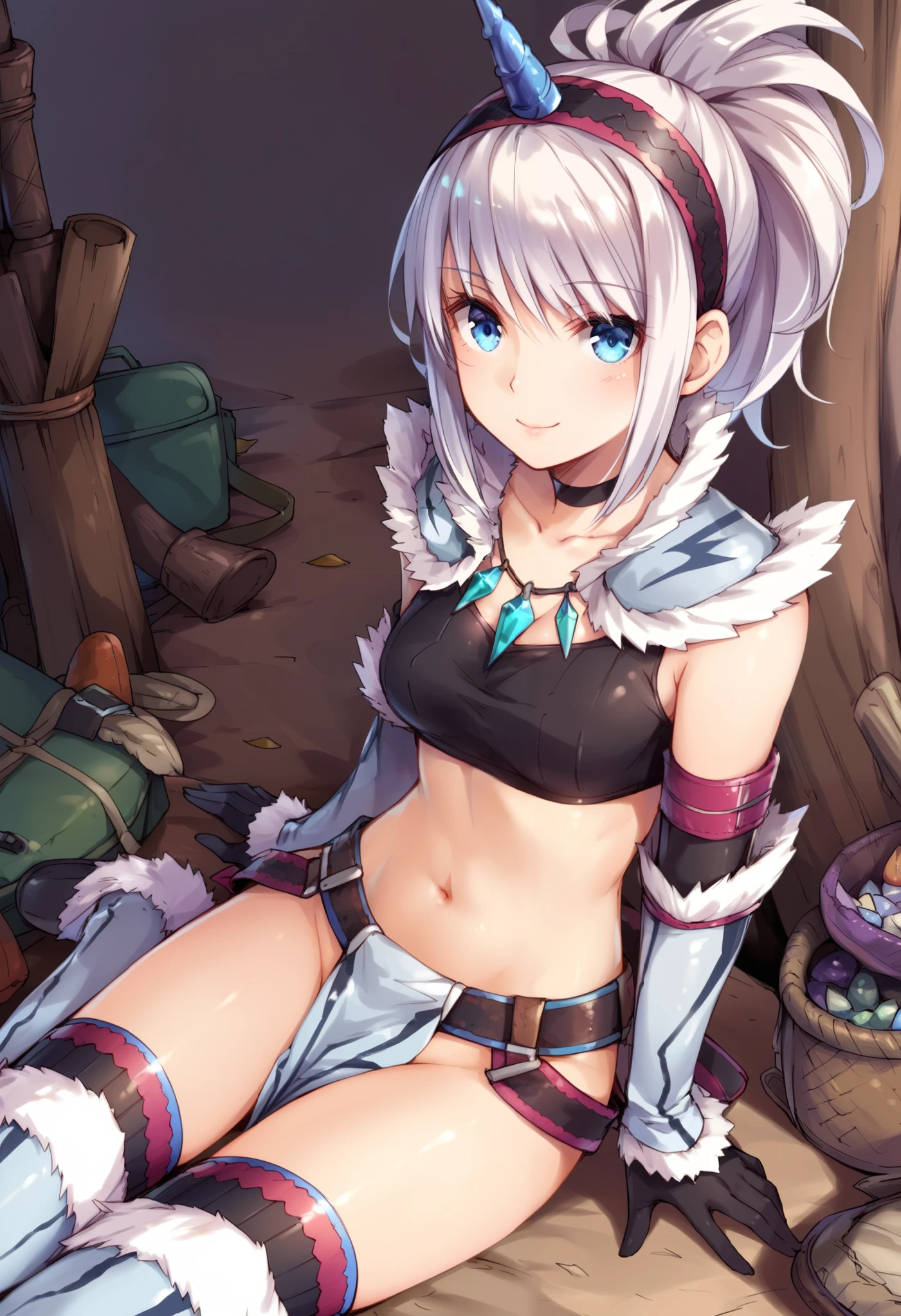 (score_9:0.9),score_8_up,score_7_up,rating_explicit,anime_style,(zPDXL),kirin beta armor,white single horn hairband,white detached sleeves,ung_girl,solo,blue eyes,looking at viewer,sitting,smile,plain_background,medium breasts,,closed mouth,collarbone,black bandeau,white loincloth,BLAKE,medium_breasts,white_knee_boots, camp, campdire,black_knee_highs ,white_tubetop,open_legs,(abs:0.7),(white_spiky_hair:1.4),white_chest_armor,white_fur_waste_armor,