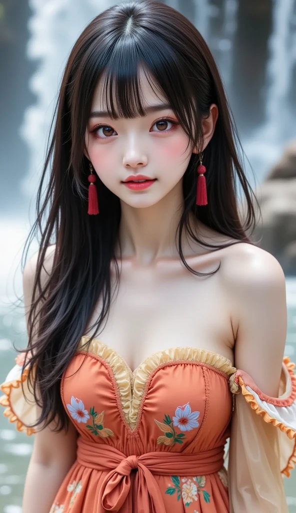Masterpiece,High quality,k hd,Extremely detailed,1girll, Detailed eyes, Detailed face, Large of breast,Brown eyes,Hanfu, Red lips,Bare shoulders,In water,fine water surface,Wet,Transparent,full bodyesbian,