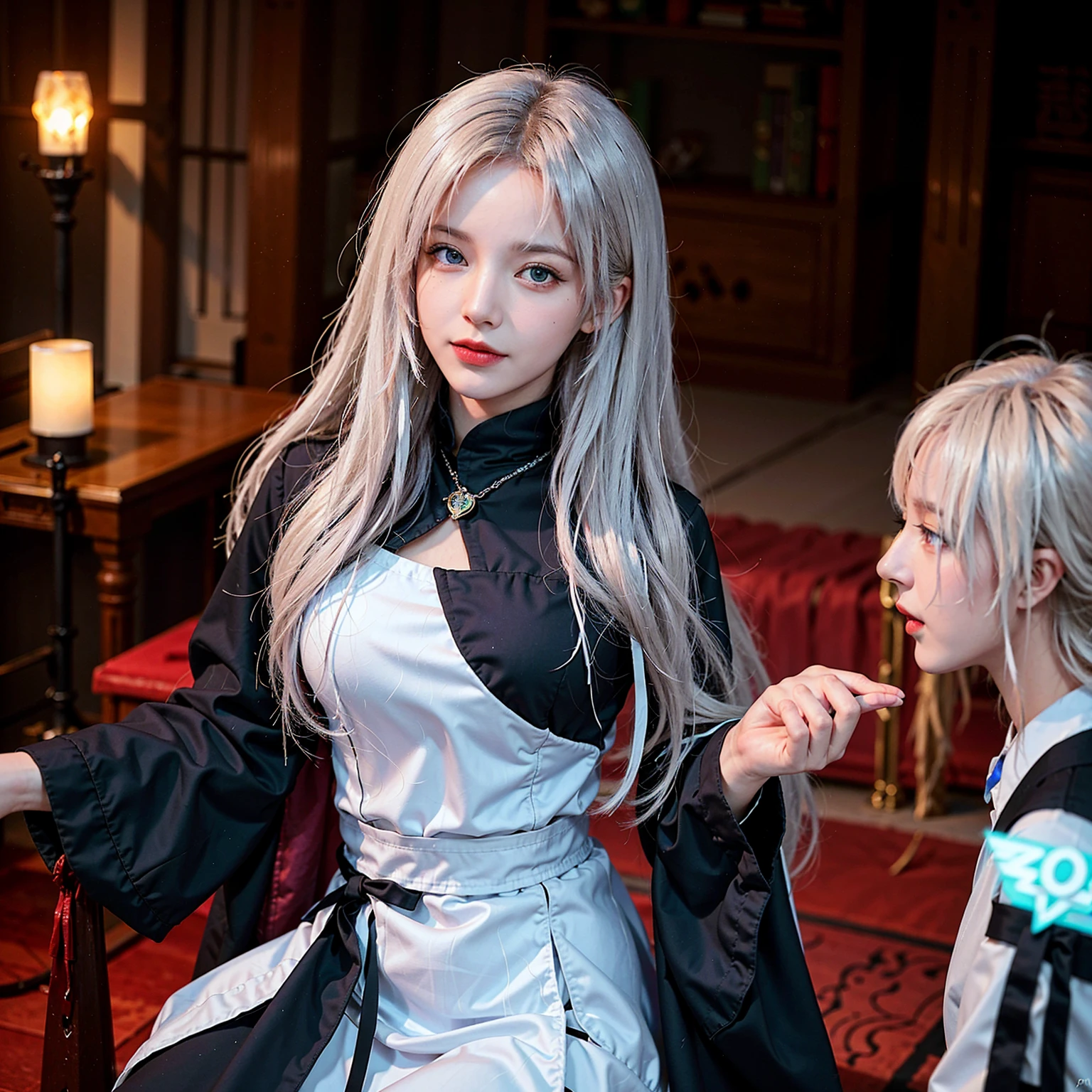 A beautiful woman is sitting and listening to music, a beautiful woman with long grey hair, men and women are enjoying music and dancing at a bar, heartwarming, medieval, minstrel, epic,
