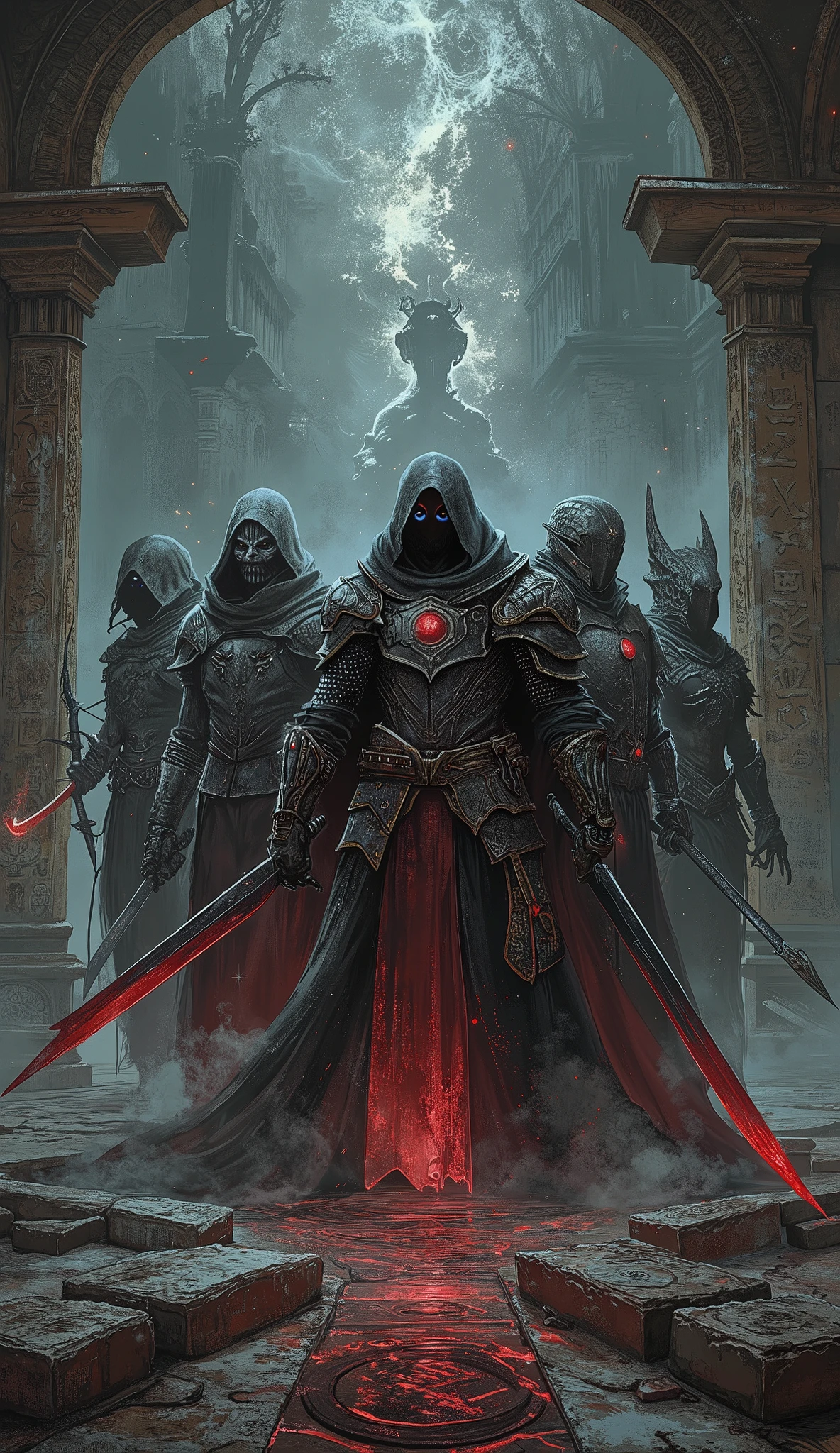 masterpiece:1.2, best illustration,Super Detail,8k16k,wallpaper,Character selection screen,ダークファンタジー RPGのCharacter selection screen,The background is gothic ruins, glowing seals, and swirling fog,mysterious,Creepy,5 diverse characters standing in dramatic poses illuminated by ominous light,A villain with a hood and holding double swords,Heavy Knight with a giant sword,光るmysteriousなルーン文字を持つ魔術師,Elf archer with a cursed bow,Shadow Necromancer who summons spirits,UI decorated with dark carvings and crimson highlights,is written by