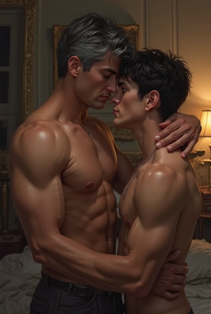 Two young men in underwear were kissing.，Enjoy with，Ashamed of being photographed by onlookers，pubic hair showing through，The hair is exceptionally short.，Authentic texture，Ultra-high image quality，detaild，Asian Faces，Interesting meat man, In the middle of the picture of hunky, musculine, beefy, 20-year-old man ，athletic, A muscular man, some body hair, Wet pubic hair，sweaty，soggy， musculine, Muscle body, Hairy chest and hairy body, loincloth，painting of a woman holding a bouquet of sunflowers in front of a golden background, hyperrealistic art nouveau, chie yoshii, andrey remnev, by Yamagata Hiro, mucha klimt and tom bagshaw, inspired by J. C. Leyendecker, inspired by J.C. Leyendecker, inspired by James C. Christensen