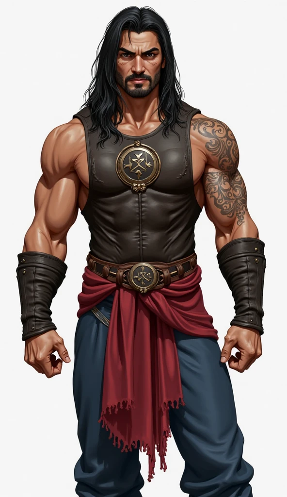 (Masterpiece, best quality), detailed, ((character concept art)), ((character design sheet, same character, front, Side, back)), Theon I was an imposing man, over two meters tall and with robust muscles. His long hair and beard were dark brown., often adorned with braids and tribal ornaments.