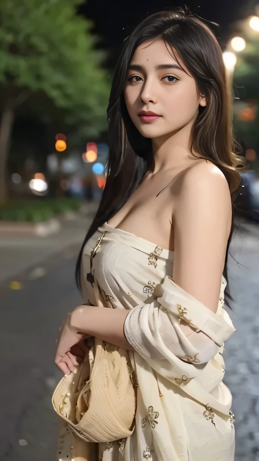 Ultra HD resolution，artistic photos，Professional Photography，((21 year very sexy super-model, Long brunette hair, big breasts:1.2, ultra realistic white skin, wet shining skin, wearing a very sexy black silk blouse,)), (posing like a super-model, sitting in a street side restaurant in Paris, attention to detail, outlining her curves, captivating eyes.