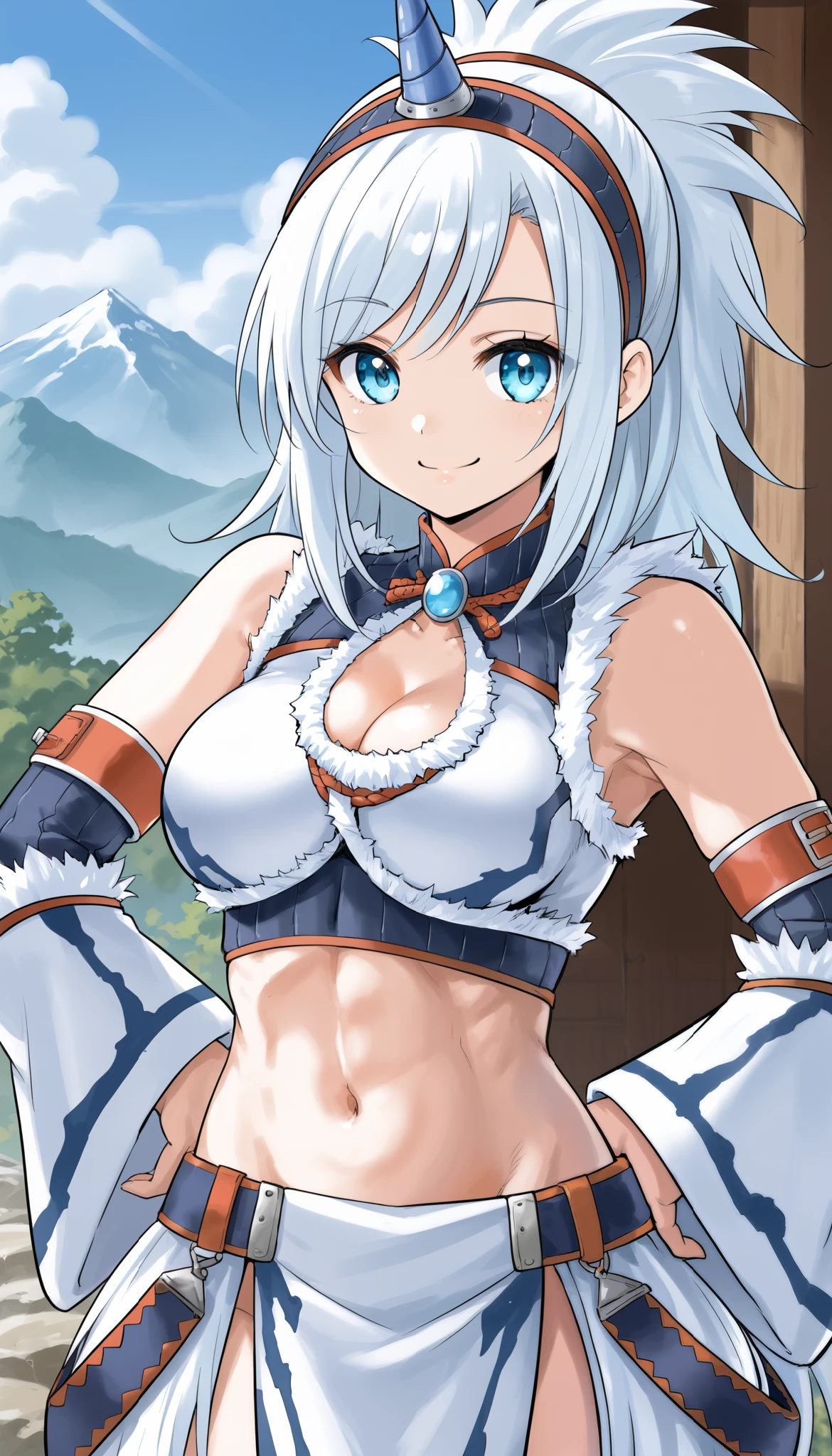 best quality, integrated scenery, integrated background, extremely delicate and beautiful, meticulous details, good composition, , cute face, perfect face,( score_9:0.9), score_8_up, score_7_up,rating_safe, anime style,(zPDXL), Armor , ung_girl, Alone, single_purple_horn Hairband, Blue Eyes, , belly button,large_breasts, white loincloth, white kimono sleeve , smile, mountain background, monochrome, white bandeau, armpit,raise_arm,(abs:0.8),smile,spiky_bangs,sunlight,