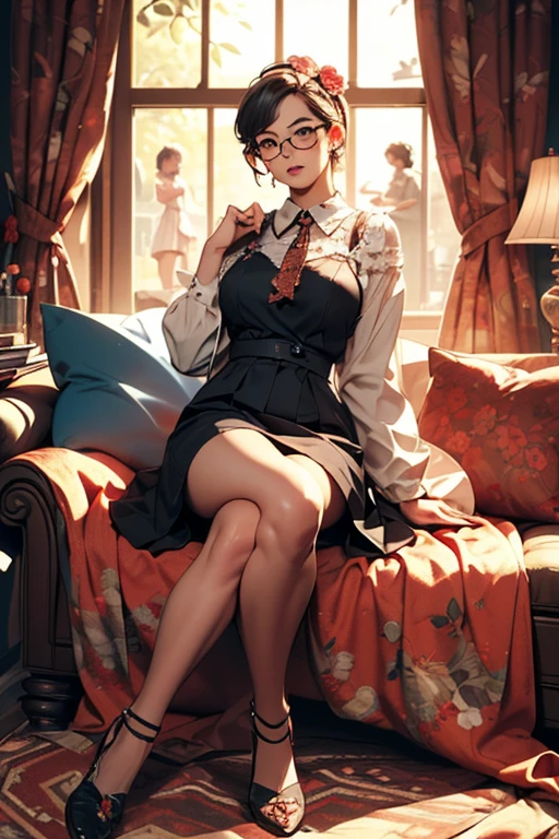Girl, brown hair, blue eyes, full body, star earing, black wool trench coat, red bow, beautiful necklace, white jumper, black plaid skirt, black tights, ballerina flat shoes, huge chest, big boobs, sitting on wooden chair, table, cup of tea, books, mansion, wooden floor, red carpet, window, open window, petals, butterfly, flowers, cute pose, smile, happy, High detail, Cinematic scene, Highest image quality, (8K), Ultra-realistic, Best Quality, High quality, High Definition, high quality texture, high detailing, Beautiful detailed, fine detailed, extremely details CG, Detailed texture, realistic representation of face, realistic body proportions, masterpiece, presence, Dynamic, Bold