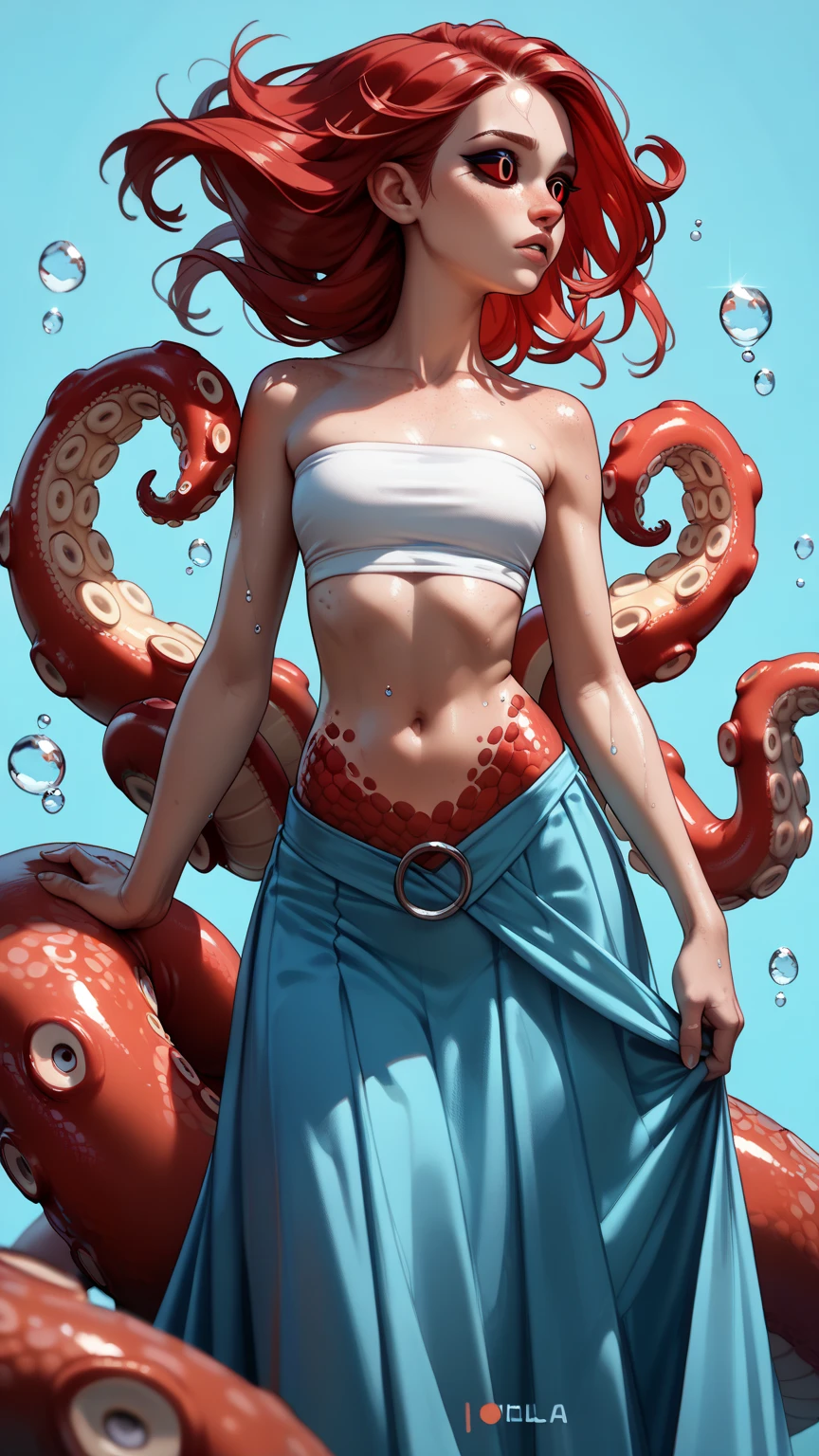 Red-haired beauty spasms wrapped around tentacles in midair