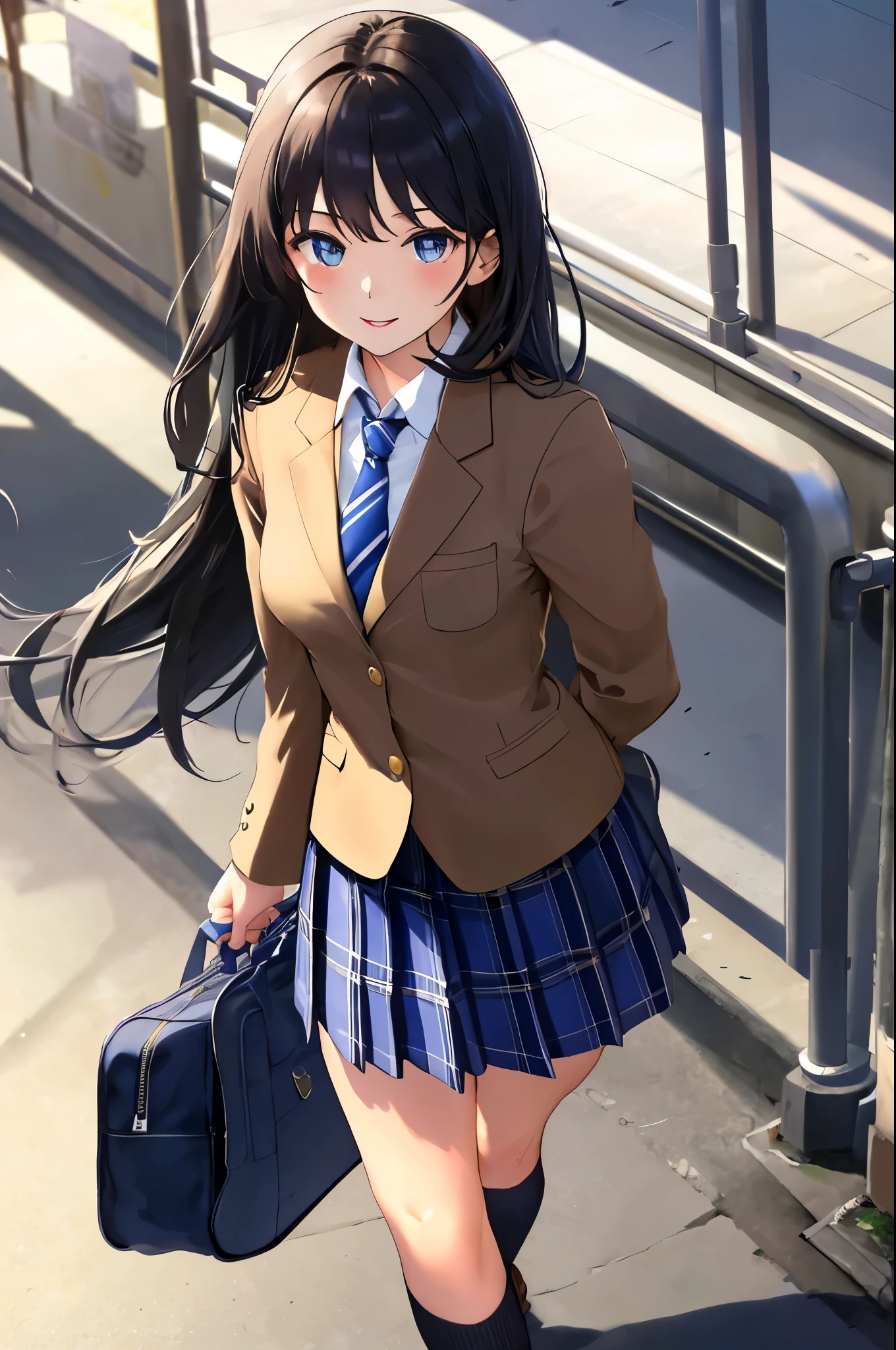 masterpiece, best quality, absurdres, perfect anatomy, 1girl, solo, high school student ,black hair, school uniform, camel blazer,buttoned blazer, blue striped tie, blue checkered plaid skirt, thigh, walking on school commute ,city, closed mouth,from above, glossy lips , sunset ,holding a school bag,medium breast, smile,full body