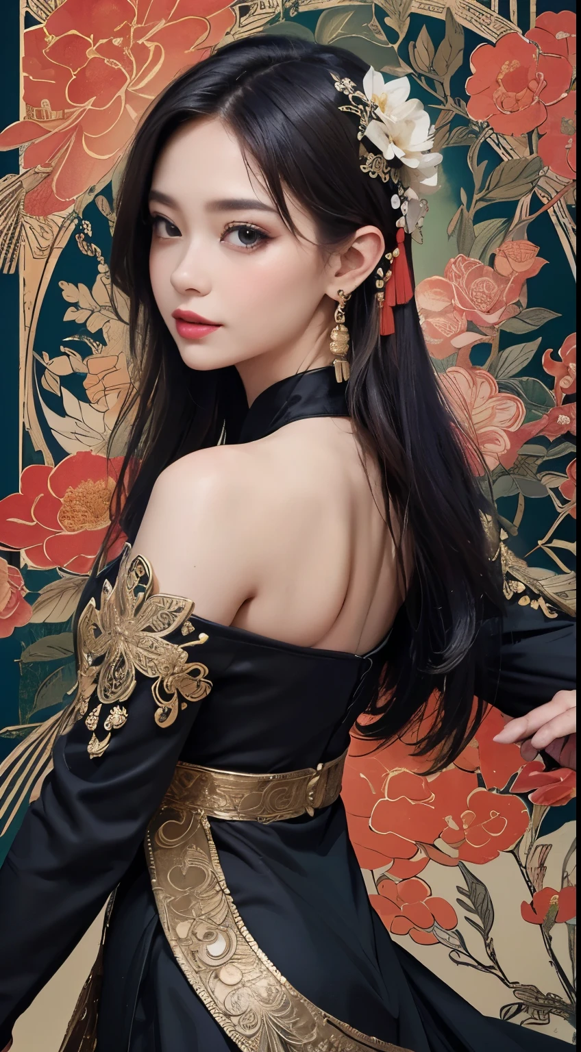 (masterpiece, top quality, best quality, official art, beautiful and aesthetic:1.2), (1girl:1.3), extremely detailed,(fractal art:1.1),(colorful:1.1)(flowers:1.3),highest detailed,(zentangle:1.2), (dynamic pose), (abstract background:1.3), (chinese Traditional cloth:1.2), (shiny skin), (many colors:1.4), ,(earrings:1.4),