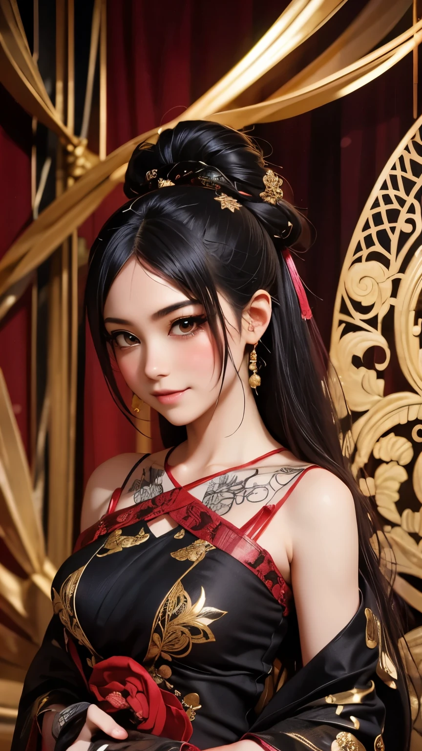 This image depicts a chibi-style character with striking black hair and intricate, sheer crimson attire that drapes elegantly around them. The character is levitating, holding a delicate Edo kiriko glass in one hand, featuring ornate patterns that catch the light. The background is filled with swirling star motifs and embellished with golden ornamental designs, creating a mystical and enchanting atmosphere. Overall, the scene radiates a sense of fantasy and captivating beauty, emphasizing the character's otherworldly charm.