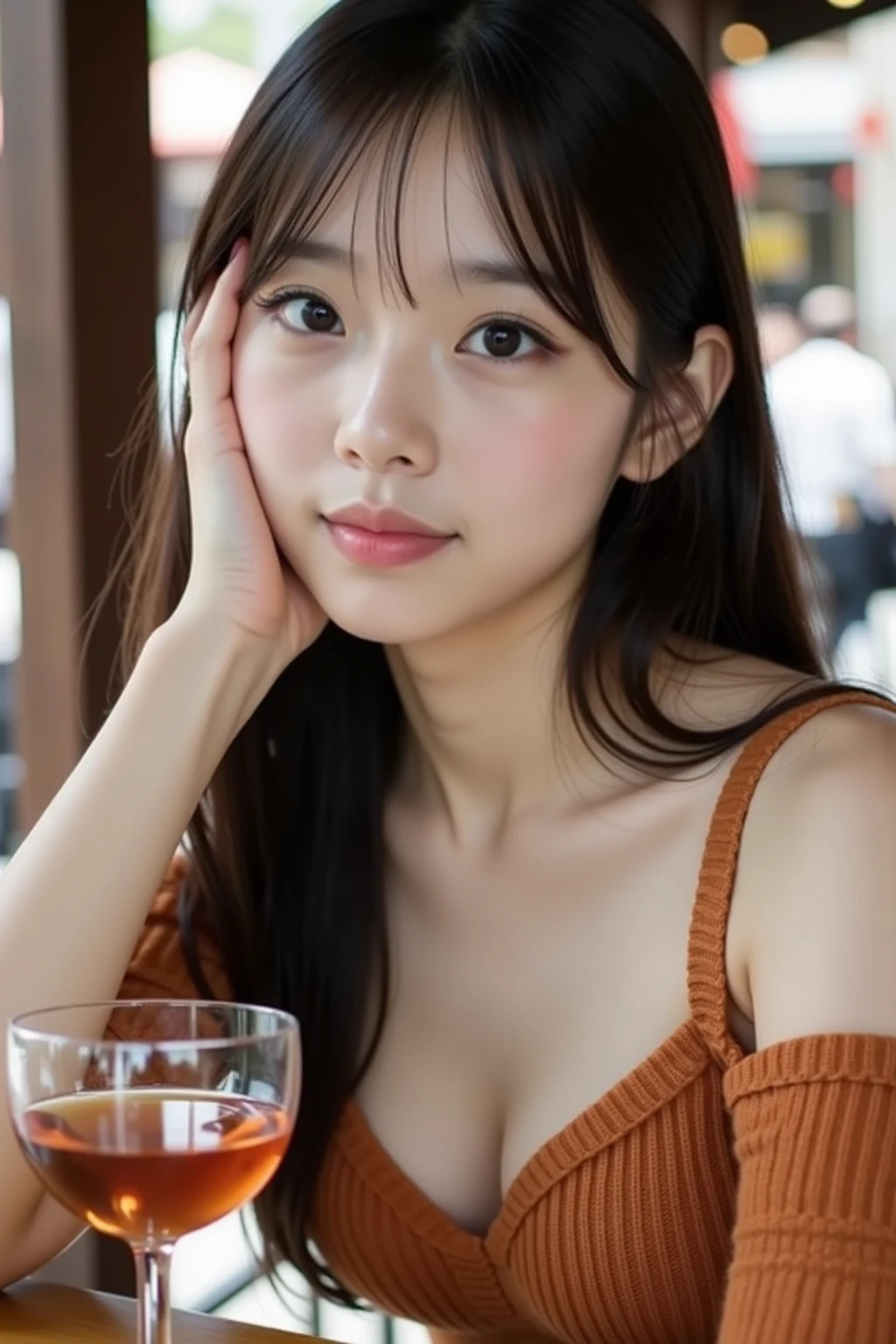 ((highest quality)), ((masterpiece)), (detailed), Perfect Face, Best-quality, Masterpiece, Ultra-High-Resolution, (Photorealistic:1.9), Raw-Photo, depth of field, professional-lighting, 1girl, the most famous Japanese idol, at cafeteria, extremely cute face, extremely beautiful and extremely big black-eyes, extremely beautiful skins, innocent smile, dynamic-pose
