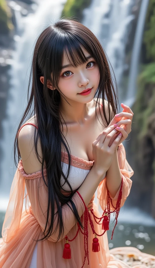 there is a woman sitting in the water with her thumbs up, bathing in a waterfall, beautiful and smiling, cute woman, lovely smile, beautiful asian girl, cute seductive smile, with waterfalls, next to a waterfall, sexy girl, friendly seductive smile, beautiful flowing feeling, very beautiful girl, anime thai girl, with a waterfalls, serene smile, young and cute girl
