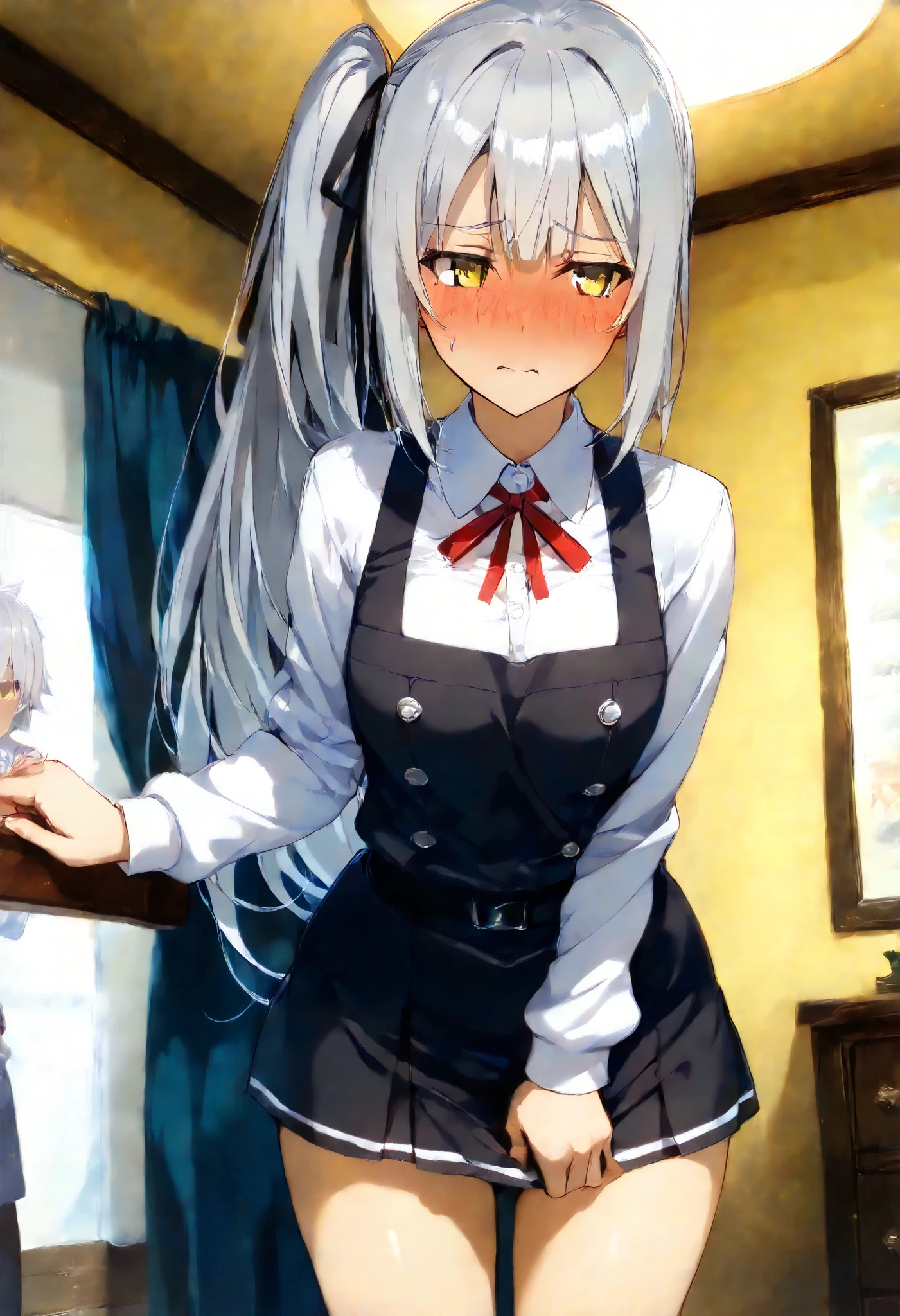 score_9,score_8_up, score_7_up, source_anime, masterpiece, best quality, Official Art, Official Style, game cg, goddess magazine, 8k high reSolution ( more detailS), maSterpiece, ( top quality) illuStration Style detailed eyeS, detailed faces detailed handS thin hair Very ExquiSite Body 、 fine Skin Alone S fleet this is _haze KasumikainIKC , Yellow EyeS long gray hair , white Shirt, Long Sleeve , Side ponytail, Red ribbon on cheSt, black ribbon , black pinafore dreSS Put your handS on a Skirt Skirt EmbarraSSed ExpreSSion private room Diagonal View from Below
