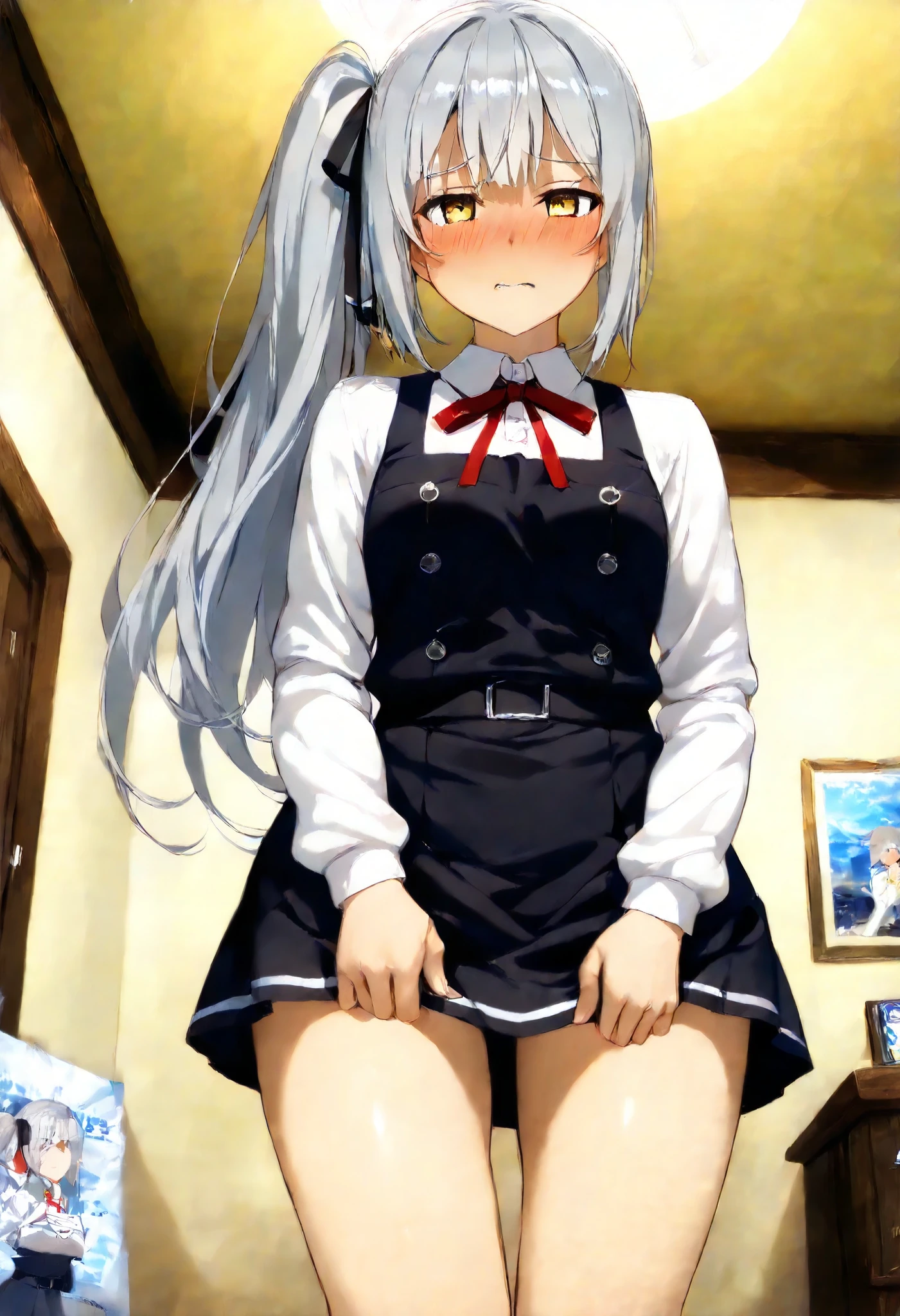 score_9,score_8_up, score_7_up, source_anime, masterpiece, best quality, Official Art, Official Style, game cg, goddess magazine, 8k high reSolution ( more detailS), maSterpiece, ( top quality) illuStration Style detailed eyeS, detailed faces detailed handS thin hair Very ExquiSite Body 、 fine Skin Alone S fleet this is _haze KasumikainIKC , Yellow EyeS long gray hair , white Shirt, Long Sleeve , Side ponytail, Red ribbon on cheSt, black ribbon , black pinafore dreSS Put your handS on a Skirt Skirt EmbarraSSed ExpreSSion private room Diagonal View from Below