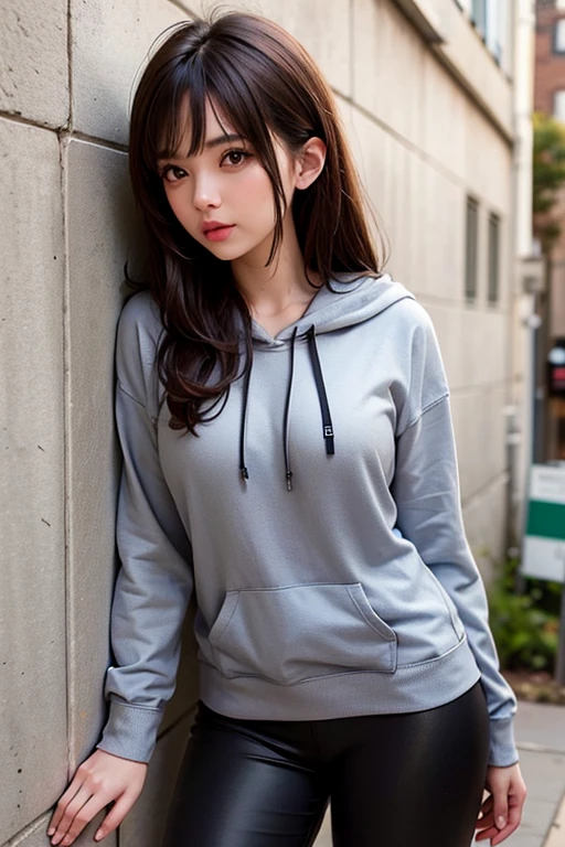 1 beautiful young girl, Super beautiful detailed face, shyly smile, Symmetrical black eyes),  hime cut hair, (Fine face:1.2), High quality, Realistic, extremely detailed CG unified 8k wallpaper, Highly detailed, High-definition raw color photos, Professional Photography, Realistic portrait, Cinematic Light, Beautiful detailed, Super Detail, high details,  depth of fields, FULL BODYSHOT、Random sexy poseedium Hair、semi long hair、thighs thighs thighs thighs、beauty legs、Bare legs、 Super beautiful detailed face, shyly smile, medium breasts, Deep cleavage), (oversized full zip hoodie:1.3), (Grey tartan check pleated skirt), (skirt lift by myself), (flip up the skirt), (lace panties, show panties:1.3), (Skirt blowing in the wind:1.3),You can see the valley、KPOP Idol Face,The chest is slightly open