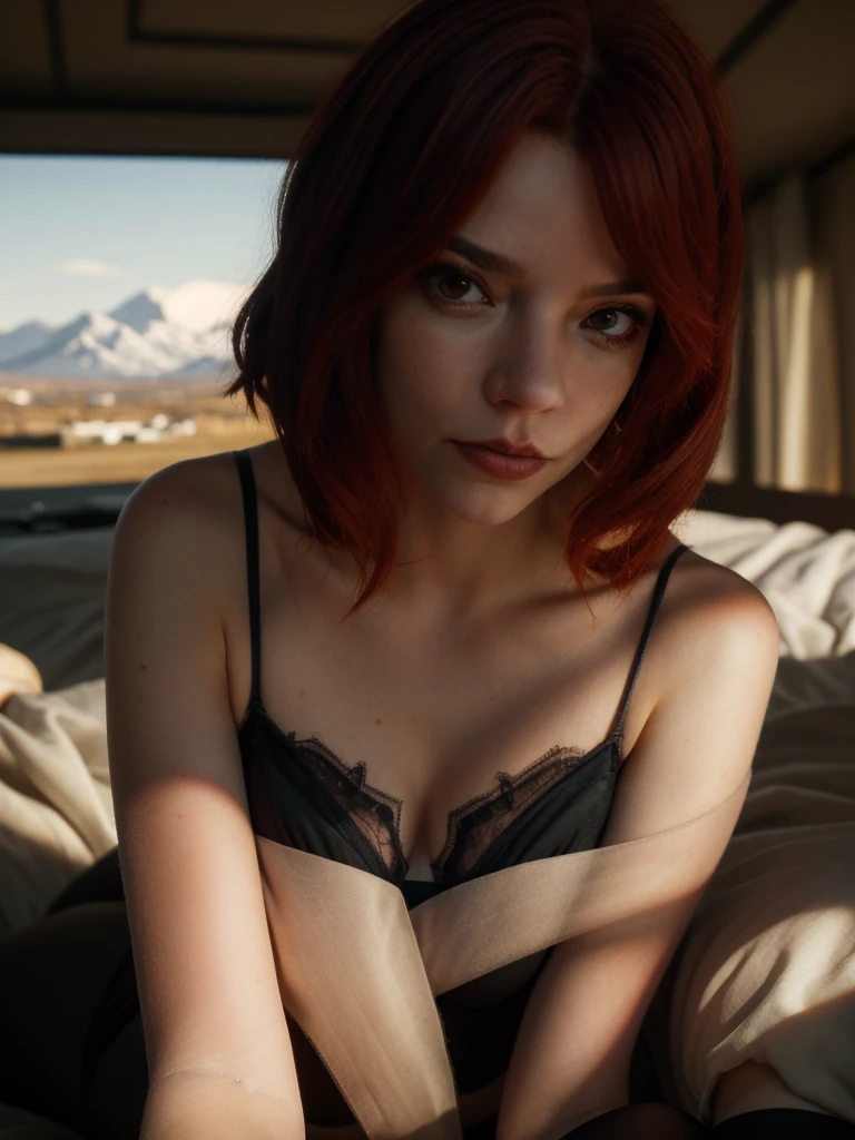 8K,Russian girl,Russian traits,Natural red hair,1 girl, beautiful jaw, high detailed, perfect boobs, high lighting, realisitic, 8K raw,face detailed, Red hair, gazing at viewer, jewerly, (range) freckles (blue colored eyes) shorth hair, fully body, estilo de shorth hair, short red hair style, detaileds,upper body selfie, glad)), Shooting in a tent, bela luz de fundo, Tent opening sign,work of art, best qualityer, ultra detali, standing alone, exteriors, (the night), mountainscape, naturey, (sao, the moon) happy, glad,, Cozy in a sleeping bag, Dentro da tenda, When you open the tent, You might see some good riders out there.., Woods, Rock formations, rivers, Wood, smoke, grimdark, sharp contrast, Clear sky, analog style (gazing at viewer:1.2) (texture skin) (Film grain:1.3), (warm toned, warm toned:1.2), close up, cinematic light, side lighting, The ultra-Highres, better shadows, wearing pullover, Relaxed and intimate photos, (A wide variety of fashions) a little distant from the viewer, ssmile, face detailed, 