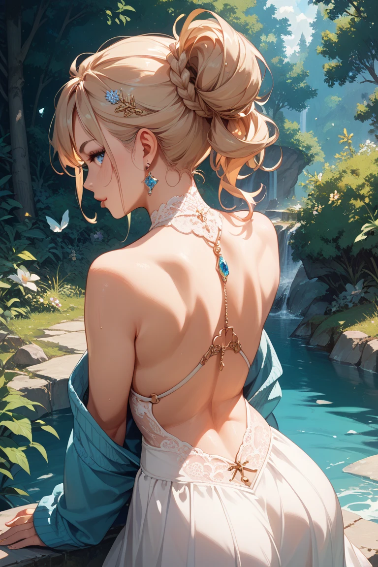 ((best quality)), ((masterpiece)), (detailed), 1girl, (big forhead:1.2),extremely detailed cute anime face, (((flat chest))), (flat chest:1.1),((((long twin braids,tight braids,long braid,braided hair,long hair)))),intricate eyes,beautiful detailed eyes,symmetrical eyes,(((detailed face))),beautiful detailed lips, looking at this, (((embarrassed))),(horrified expression),(panic),(crying),highres,(best quality),(ultra detailed,extremely detailed),perfect face details, ((masterpiece:1.4, best quality))+, (ultra detailed)+, long twintails, cute girl, (flat chest:1.1), small breasts, slim body, skinny, ((narrow hips)), prominent collarbones, skinny arms, flat stomach, visible hip bones, long hair, red hair, white hair, blonde hair, dark hair, ponytail, thick ponytail, heavy ponytail, small breasts, perfect face, small breasts (flat chest:1.1), NSFW, long revealing gown,Detailed body,Full limbs,((from behind)), (turning), ((front facing)), NSFW, (flat chest:1.1), wild environment, jungle, nature