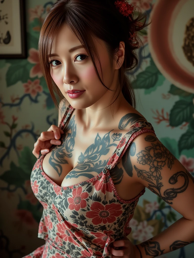 1girl, beautiful girl (30 years old), MILF, cute smile (reveling teeth smile), beautiful face, blue eyes, long hair, pink hair: 1.2, long hair, bangs, flower hair ornament, hair pin, hair bun, off-shoulders, bare shoulders, (half-body), looking at viewers, (japanese kimono, open chest kimono), Huge Breasts:1.1, perfect Huge breasts, highest quality, ultra-detailed, hyper detail face, detailed face: 1.2, round breasts, irezumi tattoo style, tattoo on breasts, tttattoo