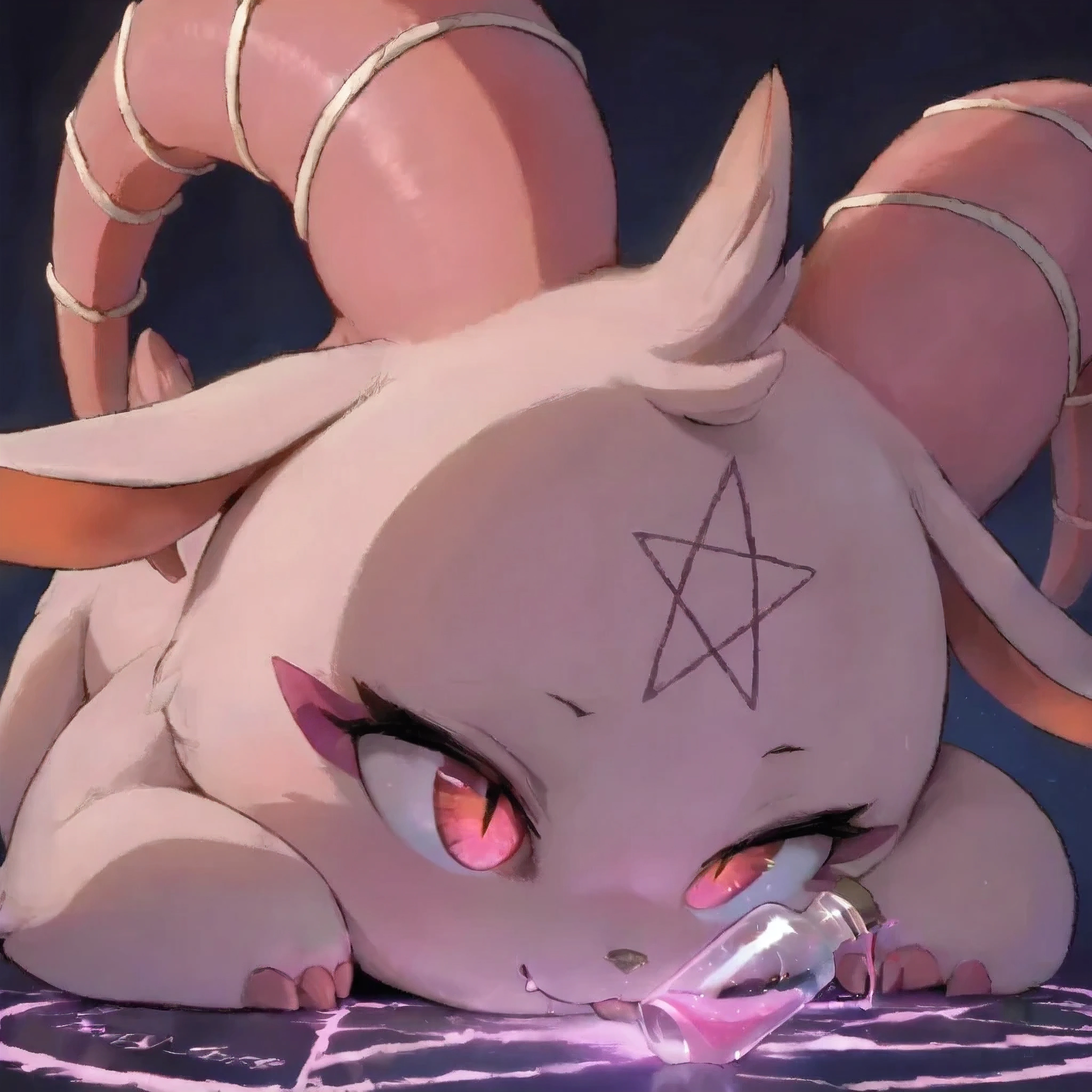 [Generating Test*] [Curious 🐑 ] - masterpiece, masterful, mythic, mythical, best quality, high quality, beautiful, anime, color, solo, male, GrimV2, slit pupil, (autocorrect), glass bottle, flask, magic, glow liquid, smile, a small fang, tongue lick lips,