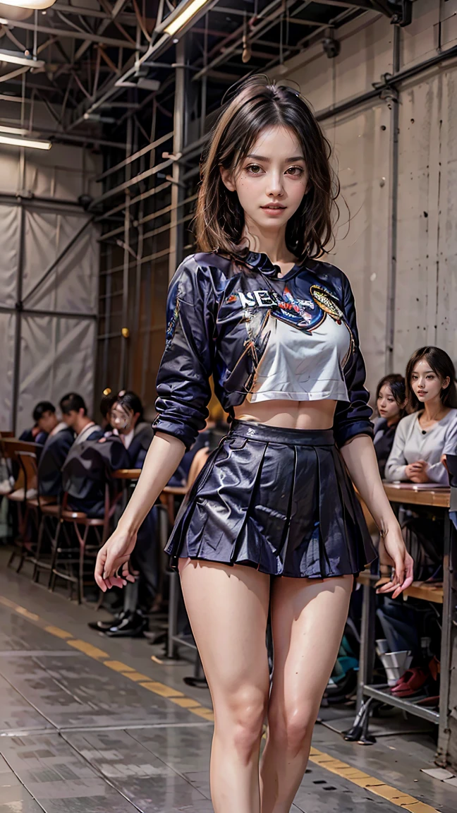 (Best quality, high resolution, masterpiece: 1.3), a tall beautiful woman, slender body beauty, breasts, (dark brown hair styling in chignon), varsity jacket, panties, (fountain in front of the mall in the background), beautifully presented details in face and skin texture, detailed eyes, double eyelids
