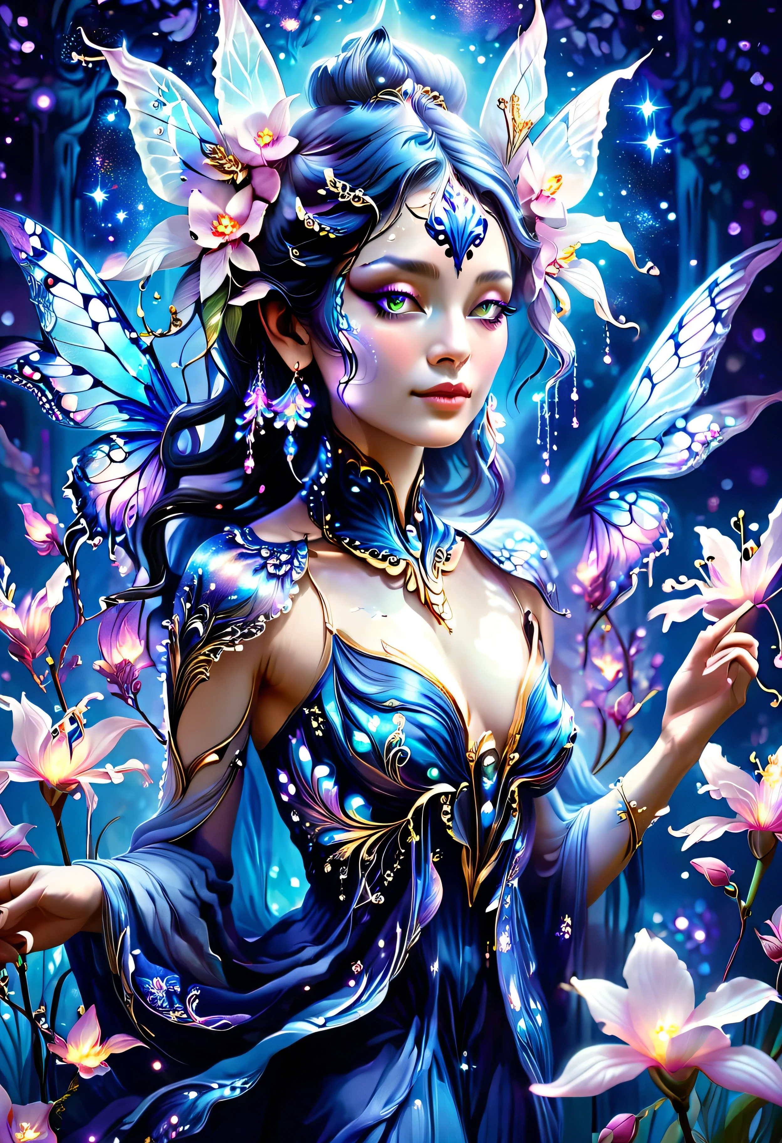 "A mystical sorceress, draped in flowing robes of deep indigo and violet, stands in a dreamlike field of glowing orchids. Her skin shimmers with iridescent hues of midnight blue and amethyst, adorned with delicate golden markings that pulse with ancient magic. Her wings resemble the petals of an enchanted orchid, shifting between neon pink, electric blue, and luminous purple. In her hands, she conjures an ethereal butterfly made of stardust, illuminating the surreal, bioluminescent landscape around her. The sky is painted in celestial gradients, blending deep purple, magenta, and sapphire, creating a truly enchanting atmosphere."
