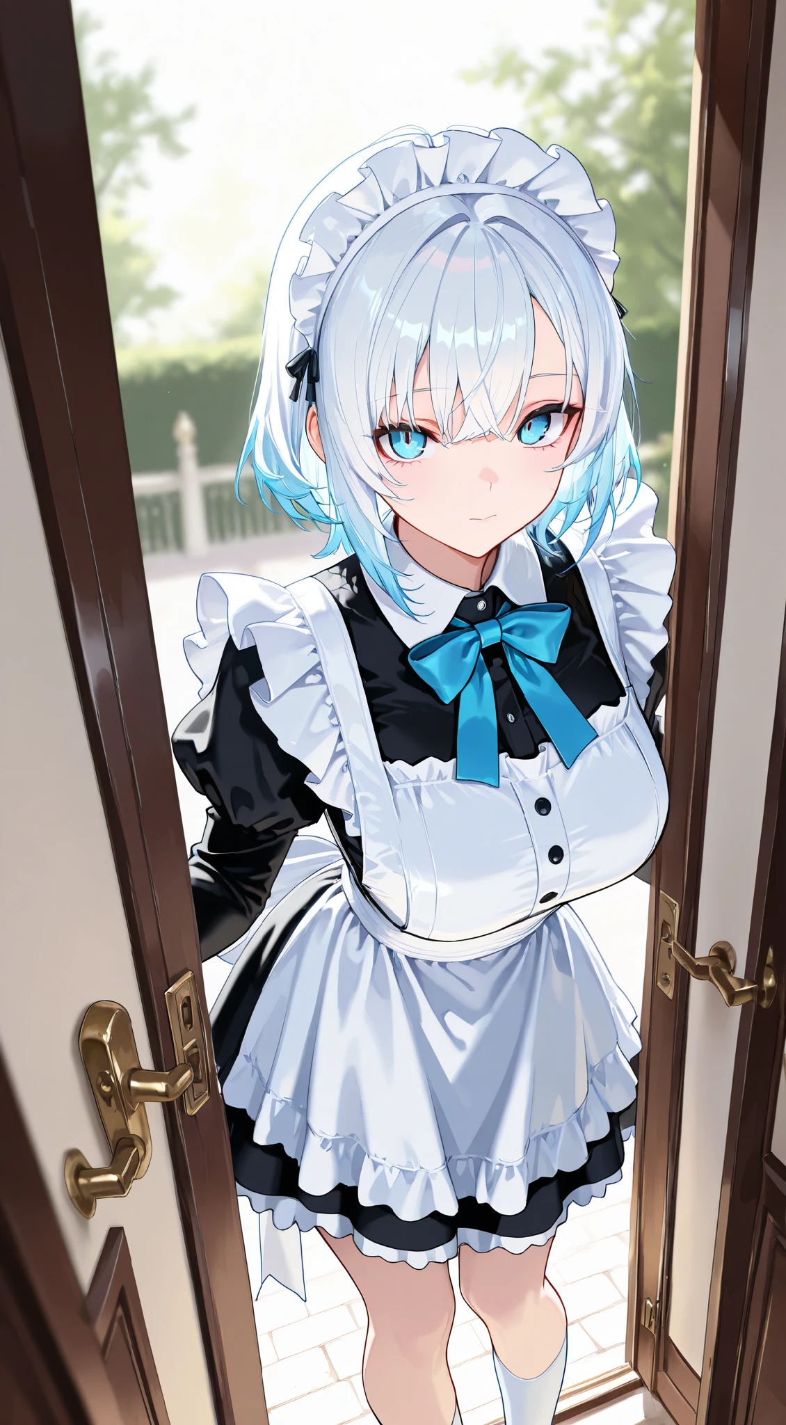 masterpiece, best quality, detailed face, detailed eyes, 1 girl, solo, beautiful, big chest, slender body, mature, light makeup, adorable, sharp eyes, closed mouth, short hair, blue hair outer, white hair inner, long side bangs, short tidy bang, vibrant blue eyes, white maid headband, classic maid dress, blue bowtie, white overknee socks, Indoor background, in front of open door, polite stand, looking at viewer, day, depth of field, bloom, soft lighting,