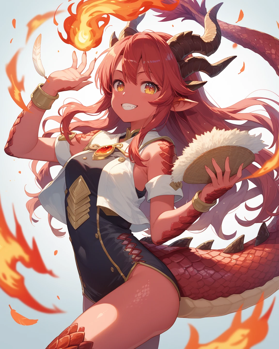 Woman, anime style, woman’s face, Asian dragon-like body, long giraffe horns, two long whiskers, cream white body with maroon giraffe spots color scheme, flaming hair, flaming body, no legs, dragon claws