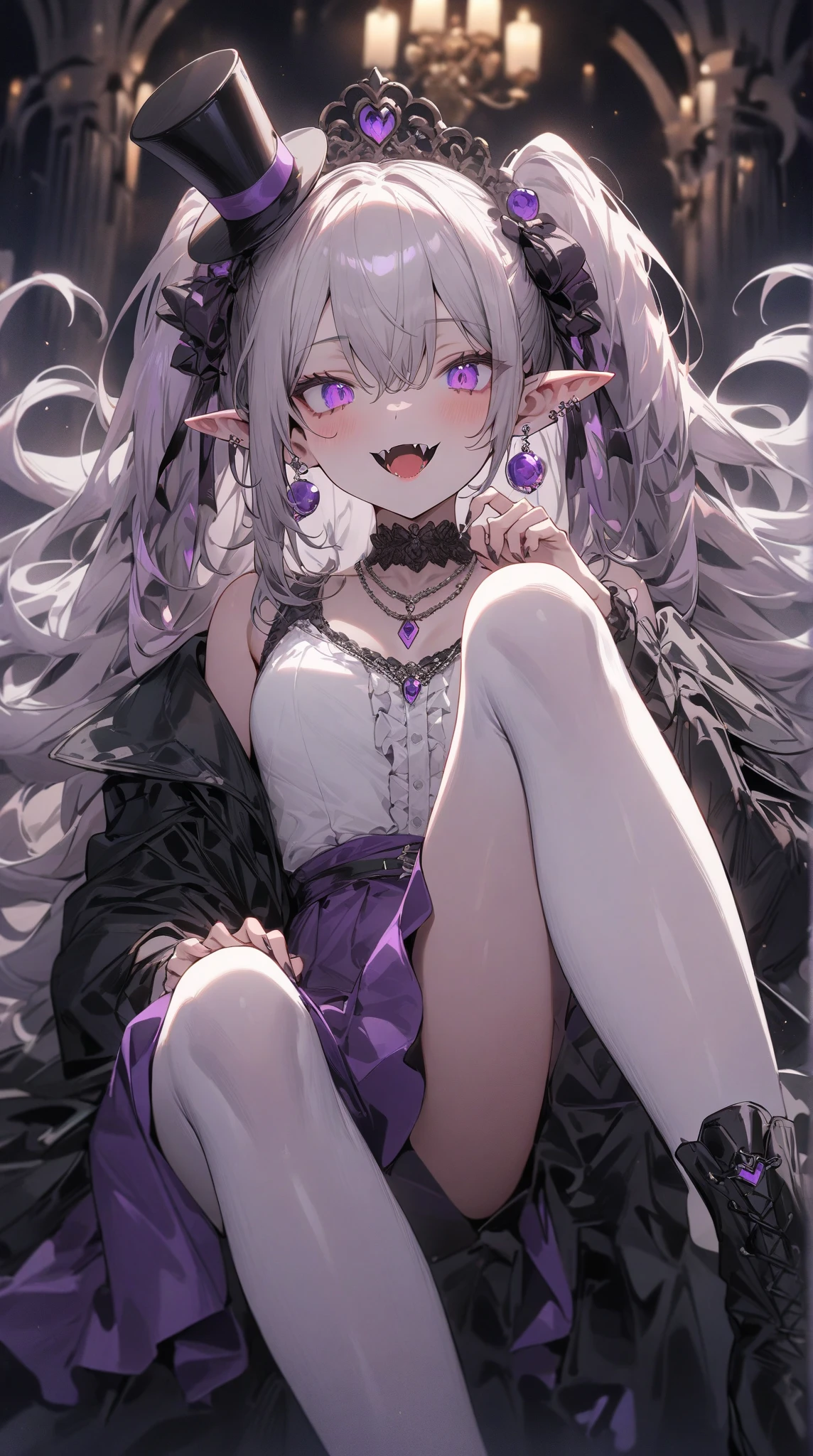 Pirotess dark elf. 1girl, white silver long hair, tellow eyes, white dress, black stockings, white high heels, jewelry necklace, fur coat, portrait
