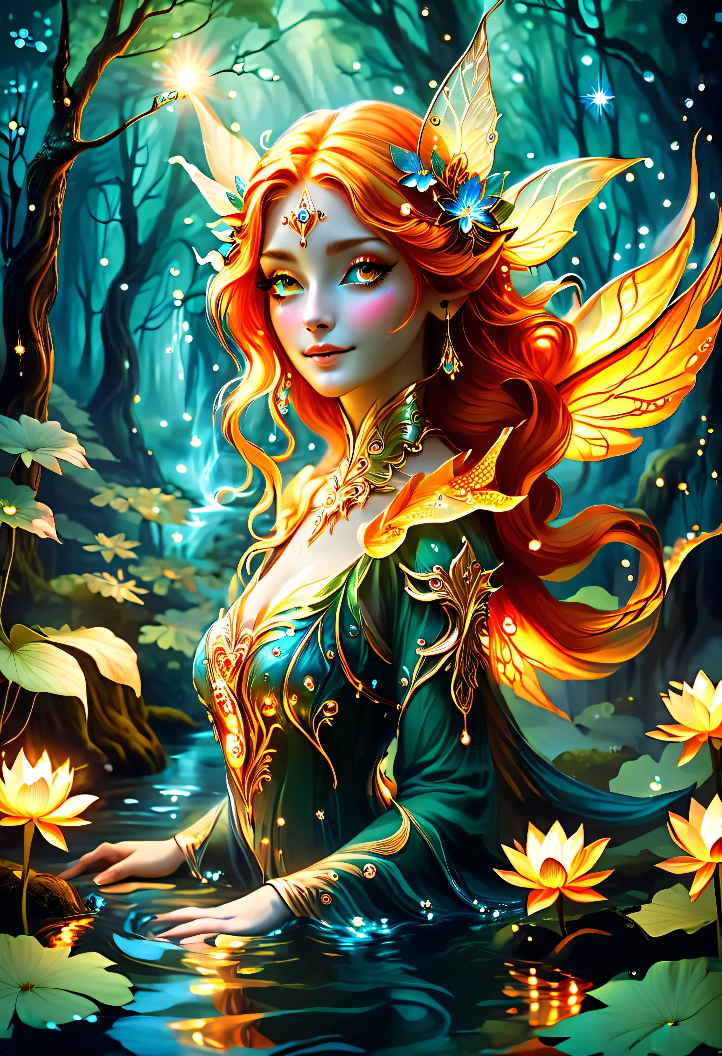 "A celestial fairy, born of fire and light, kneels in the heart of an enchanted forest stream, her presence radiating warmth. Her skin glows like the embers of a sacred flame, with delicate golden veins pulsing in harmony with the stars. Vast wings, forged from light and heat, shimmer like the petals of a sun-kissed lotus. Her crimson-orange hair flows around her like living fire, crowned with delicate, bioluminescent flowers. In her cupped hands, a mystical flower radiates an ethereal glow, its golden light reflecting upon the shimmering water. Around her, the forest hums with ancient energy, fireflies tracing golden arcs in the air as the river carries whispers of forgotten magic."