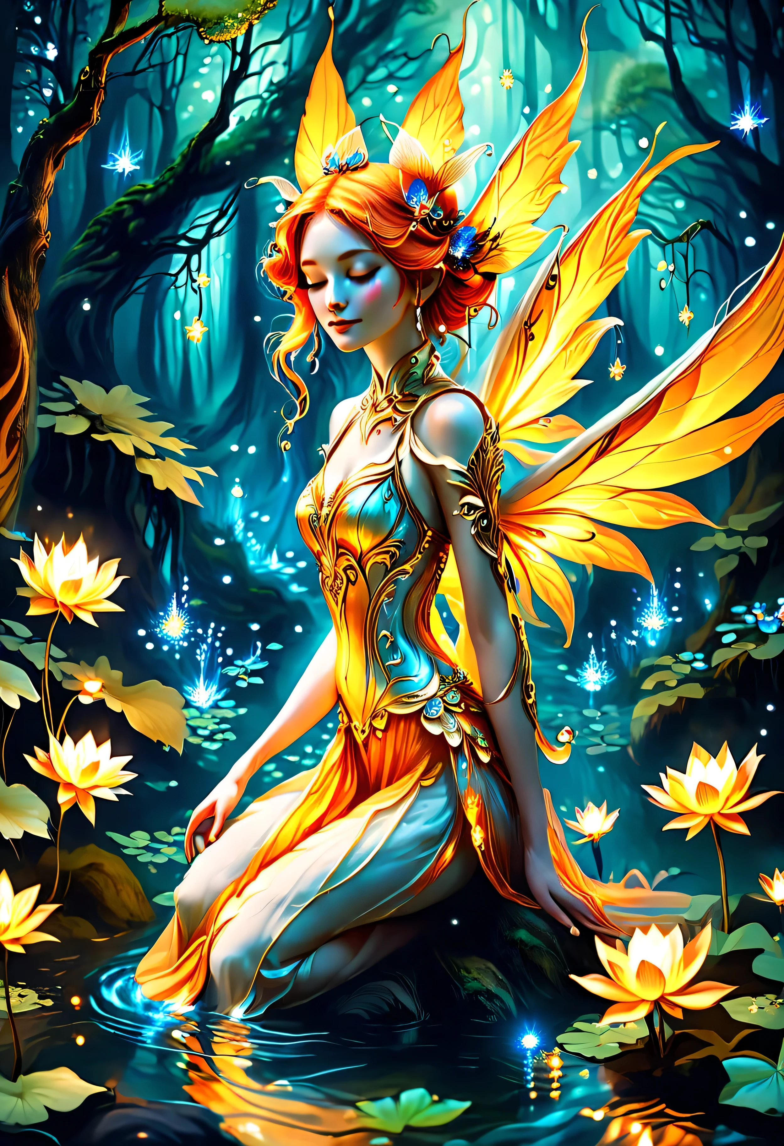 "A celestial fairy, born of fire and light, kneels in the heart of an enchanted forest stream, her presence radiating warmth. Her skin glows like the embers of a sacred flame, with delicate golden veins pulsing in harmony with the stars. Vast wings, forged from light and heat, shimmer like the petals of a sun-kissed lotus. Her crimson-orange hair flows around her like living fire, crowned with delicate, bioluminescent flowers. In her cupped hands, a mystical flower radiates an ethereal glow, its golden light reflecting upon the shimmering water. Around her, the forest hums with ancient energy, fireflies tracing golden arcs in the air as the river carries whispers of forgotten magic."